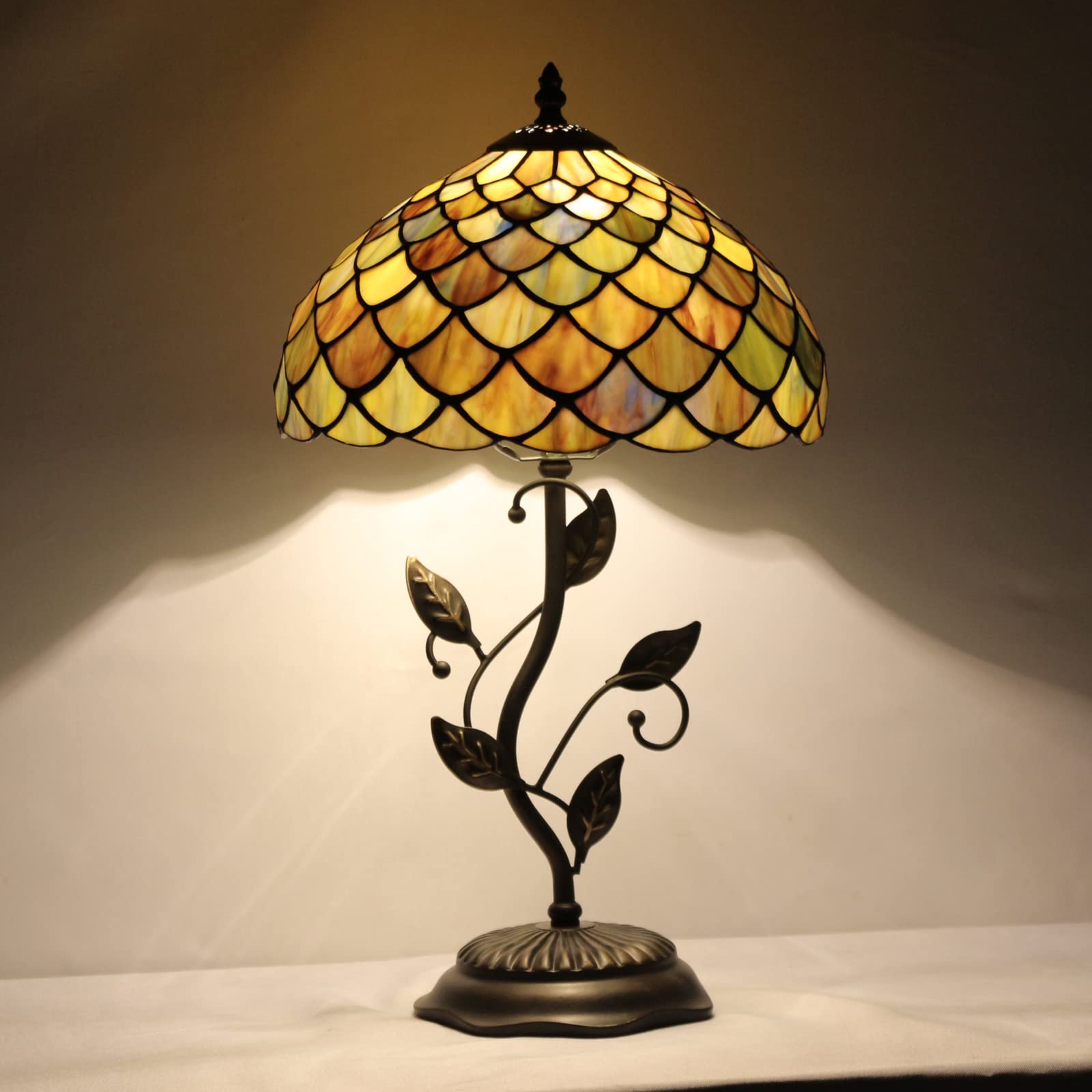 Avivadirect Tiffany Lamp Fish Scales Style Stained Glass Table Lamp Desk Bedside Reading Light 12X12X19 Inches With Metal Leaf B