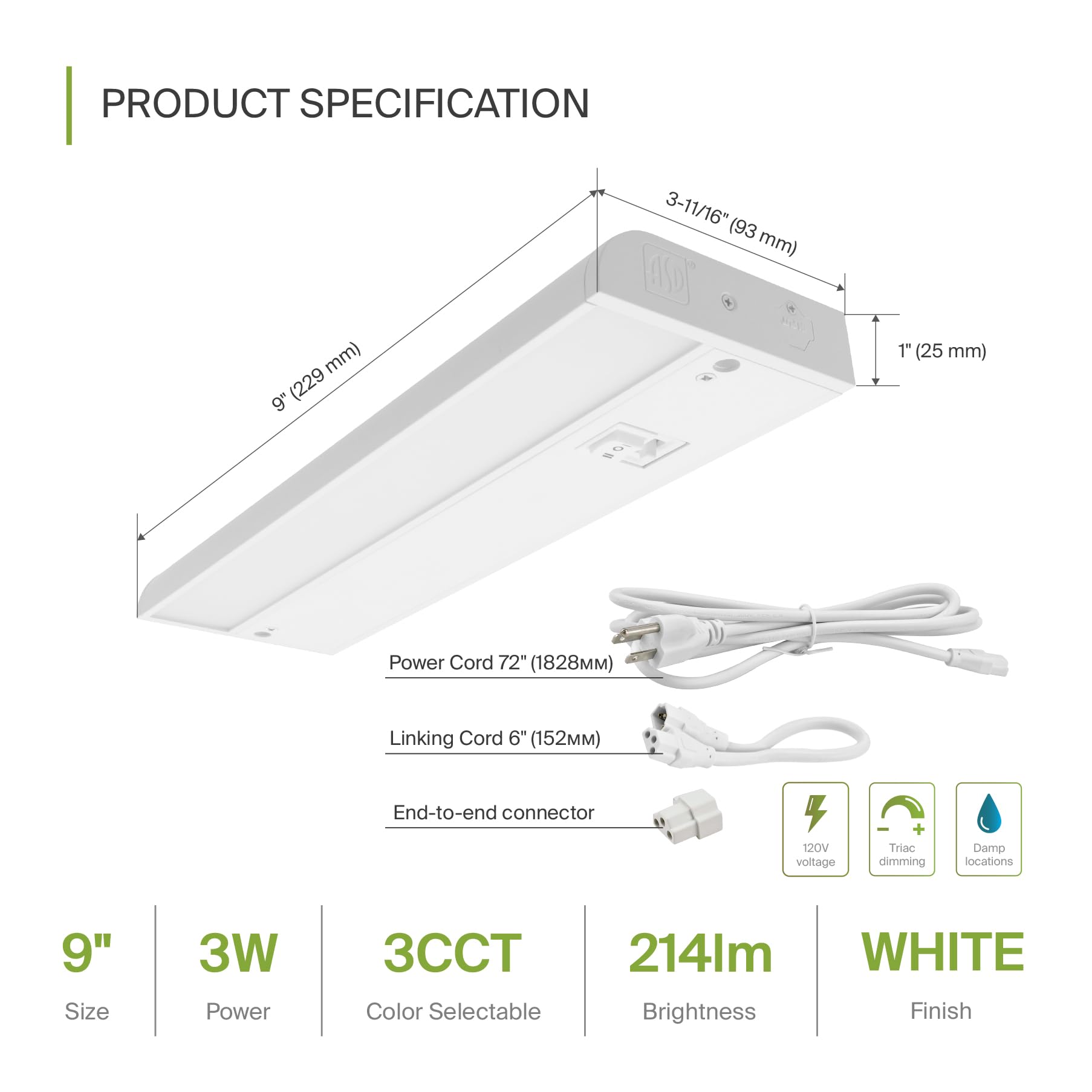 ASD LED Under Cabinet Lighting, Dimmable, 40 Inch, 3 Color Levels (2700K/3000K/4000K), Hardwired/Plug-in, Aluminum, White