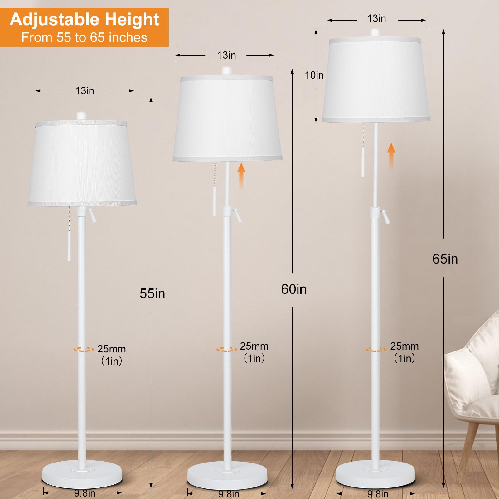 JUNNAI Adjustable White Floor Lamp - 55-65" Modern Metal & Fabric Shade for Living Room, Bedroom, Office, Nursery - 9W LED Bulb Included