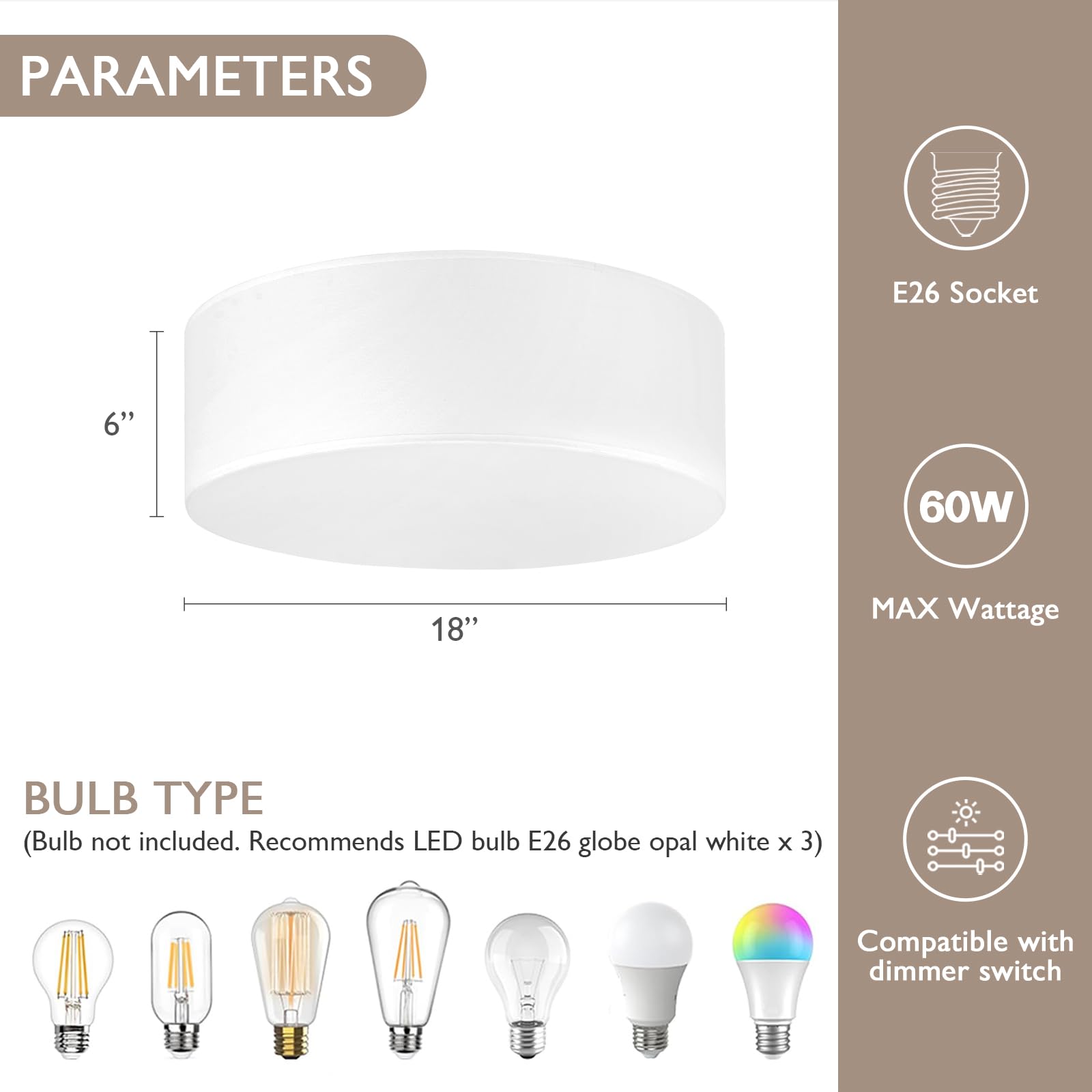 Calokes 18-Inch Large Flush Mount Ceiling Light Fixture With White Fabric Shade  Modern Drum Closed To Ceiling Lighting For Living Dining Room  Bedroom  Kitchen  Foyer - Farmhouse Lamp & Chandelier