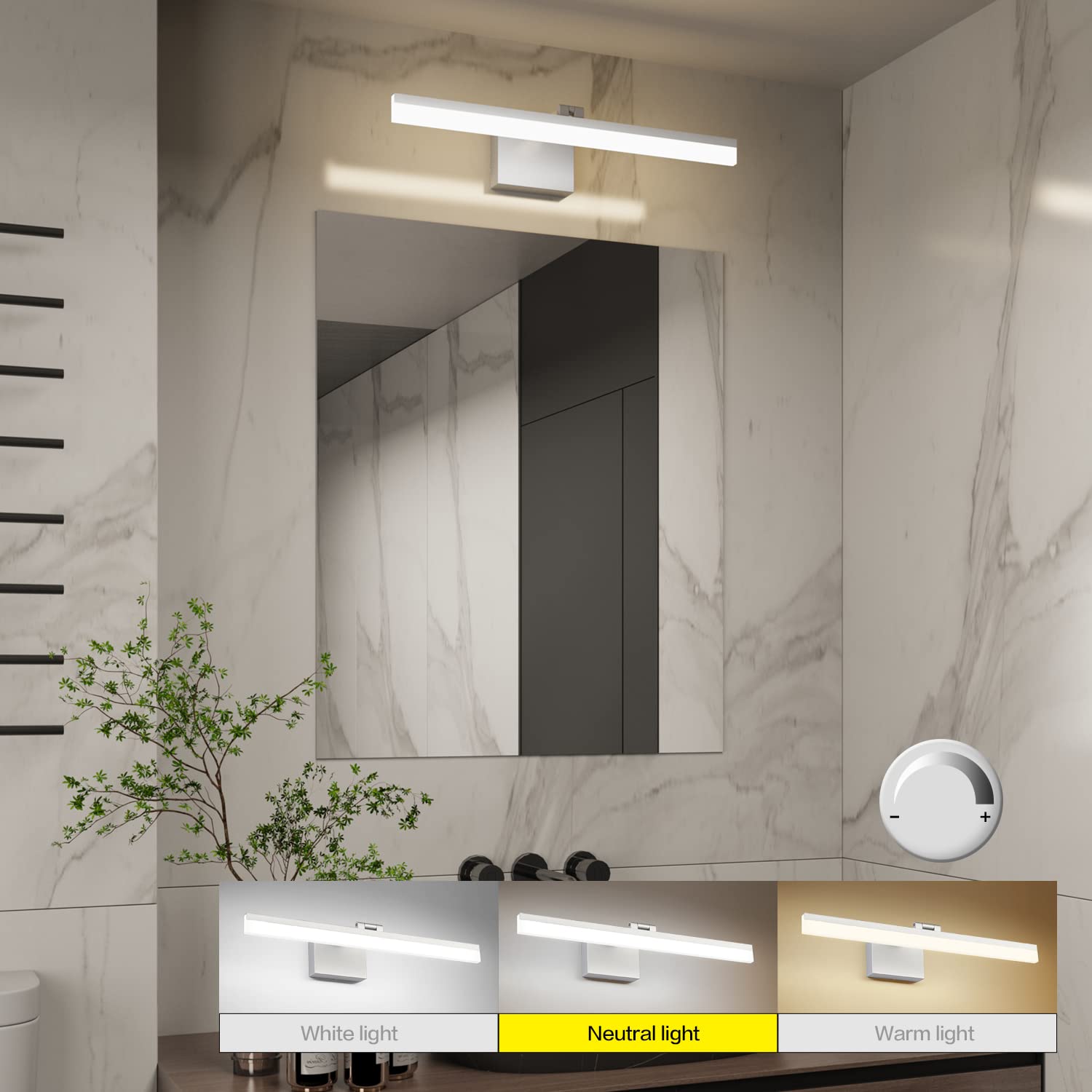Solfart 23.6 Inch 3 Color Temperature Dimmable Modern Adjustable Light For Bathroom Lighting Fixtures Led Modern Silver Vanity L