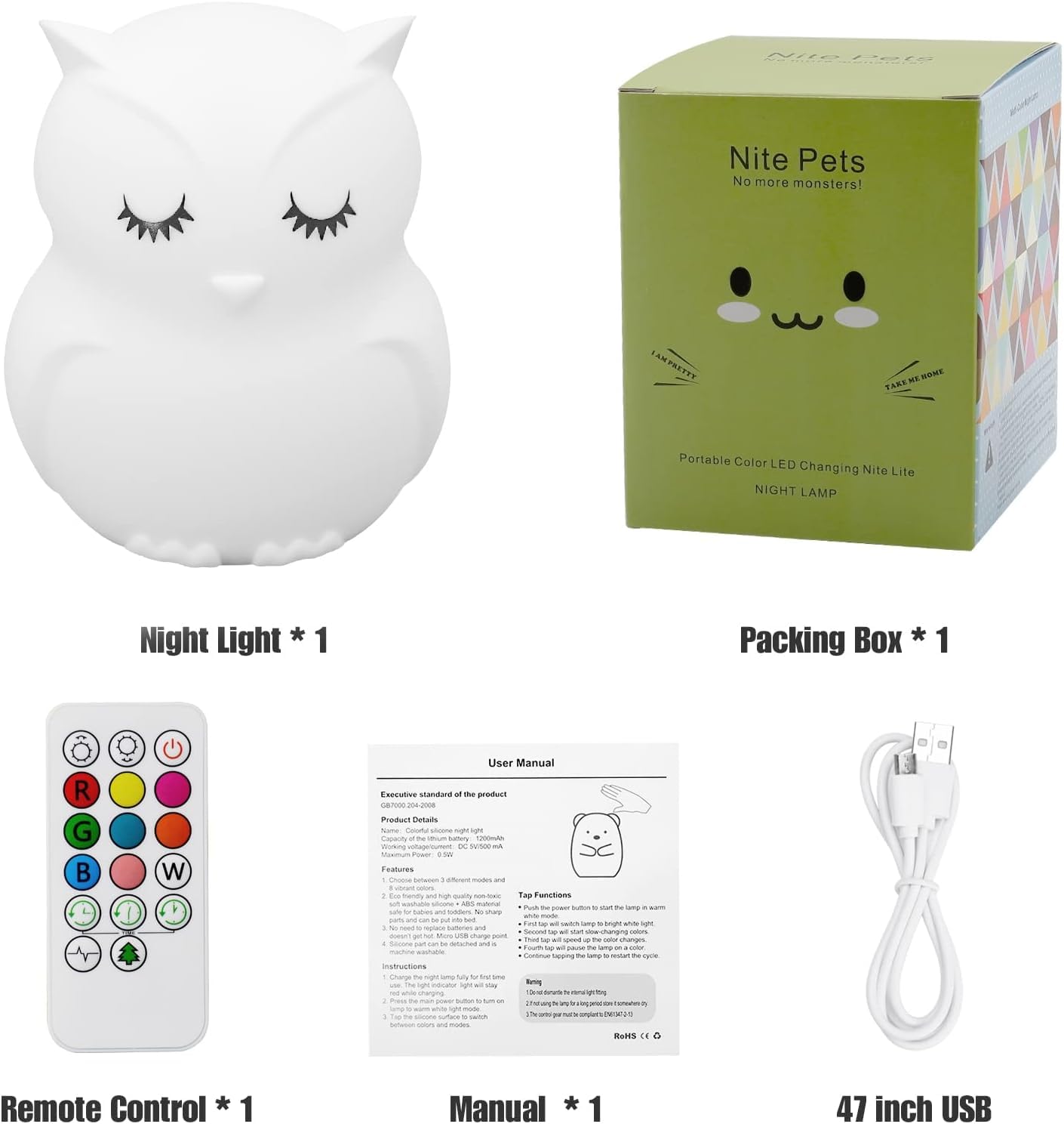 ShaArkMango LED Night Light - Cute Owl Bedside Lamp, Rechargeable, Dimming & Timer, Silicone Rubber, B-Owl, Model JL-213 for Kids