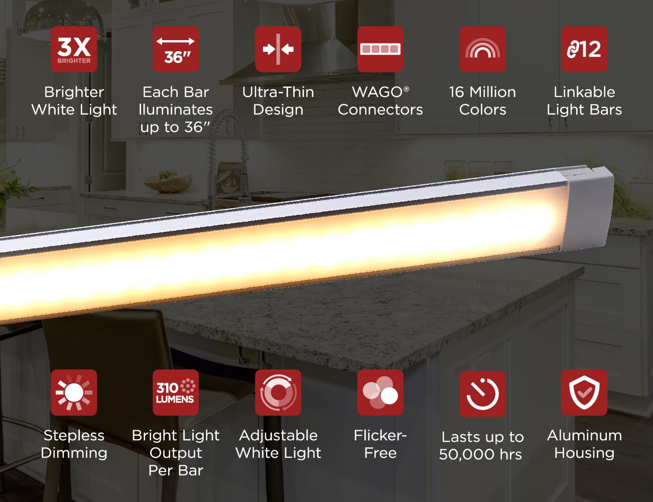 BLACK+DECKER PureOptics Under Cabinet Light Bar, 12" Adjustable White/RGB, Plug-in/Hardwire, Silver, Model LEDUC12-CCTPW-B