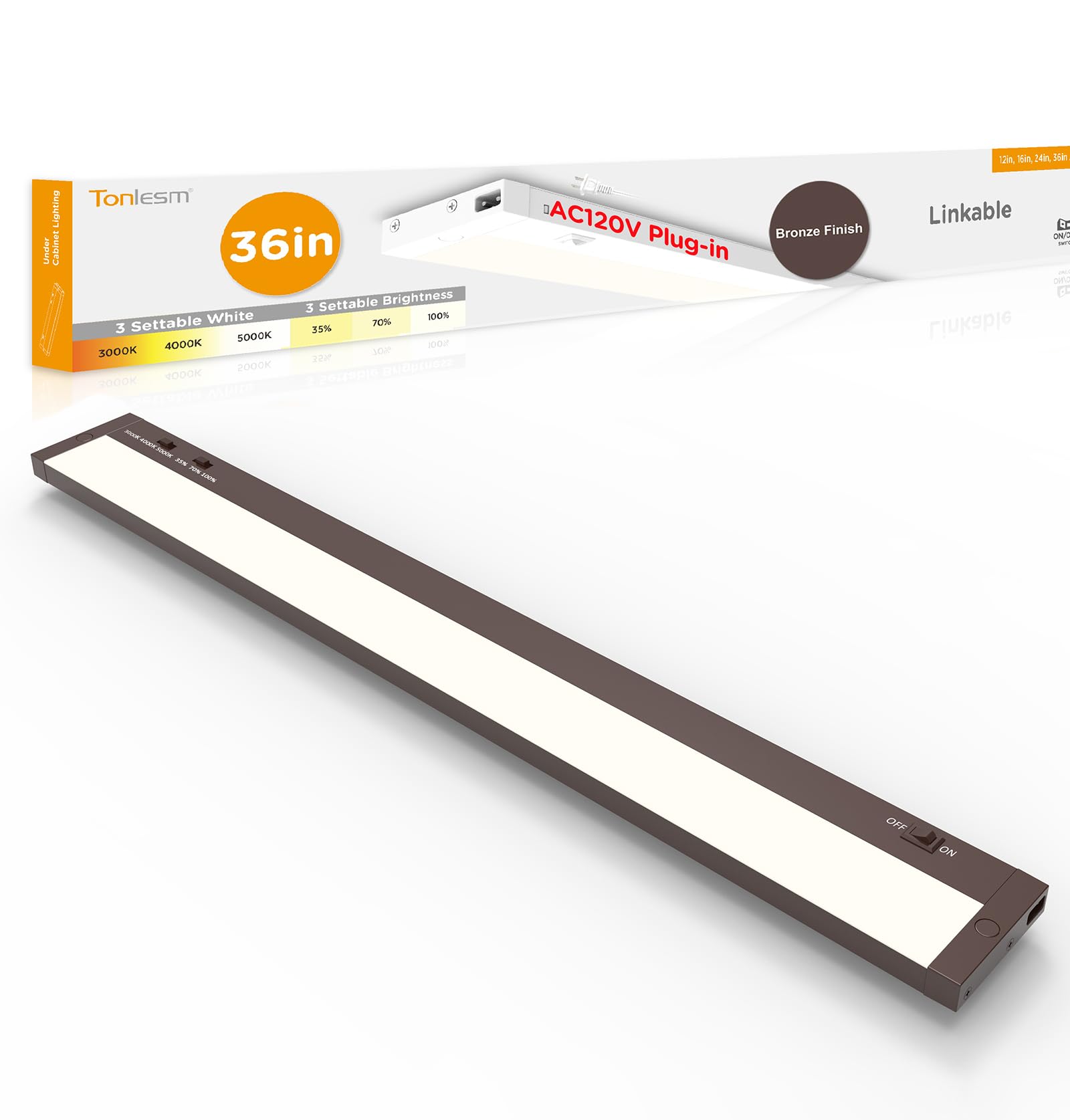 Tonlesm 36 Inch Under Cabinet Lighting Plug in  20W 120V 3 Color 3000K/4000K/5000K  3 Brightness  Super Bright  Ultra Thin Under Counter Lights for Kitchen  Linkable LED Cabinet Light  Bronze