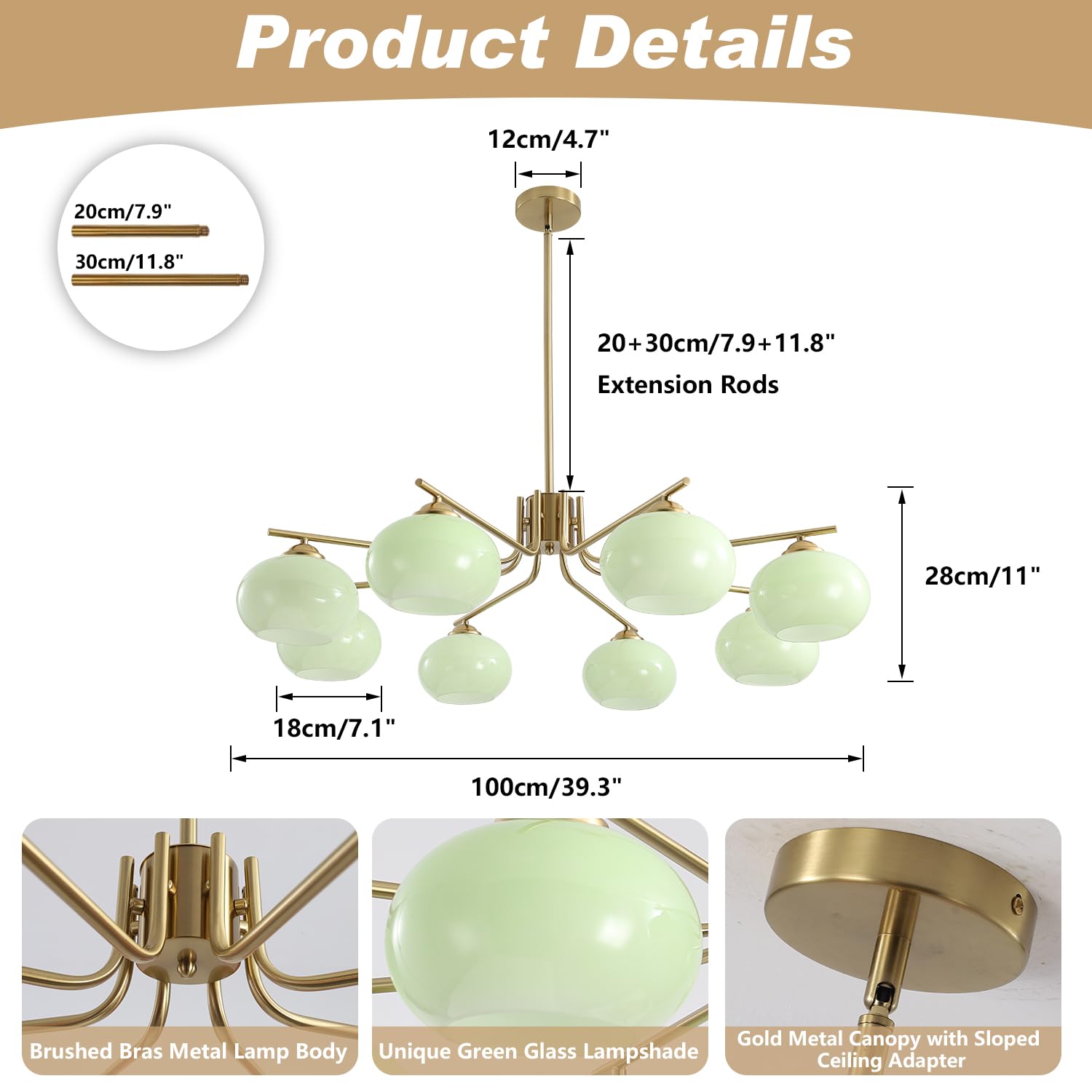KCO Lighting 8-Light Green Glass Chandelier Mid Century Modern Metal Fixture Model L1158-8-G