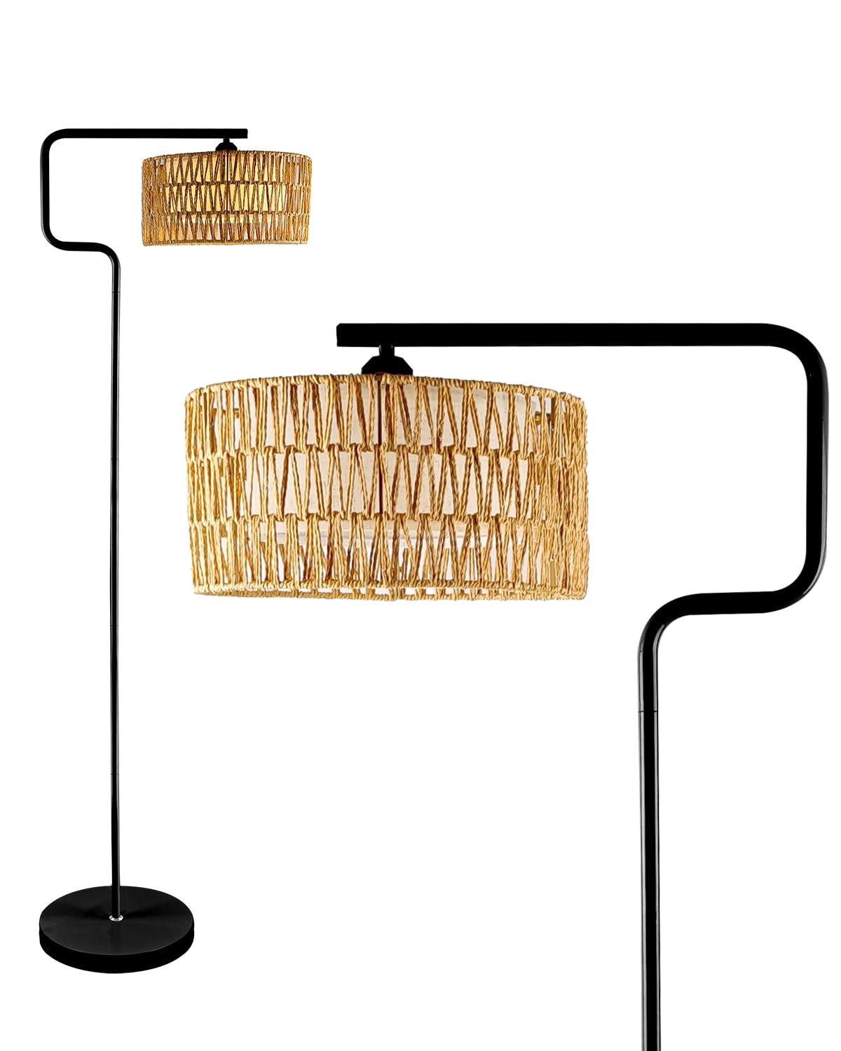 Lightdot 62In Rattan Floor Lamps For Living Room, Boho Standing Lamp With Rattan& Linen Double Shades, Arc Standing Floor Lamps,