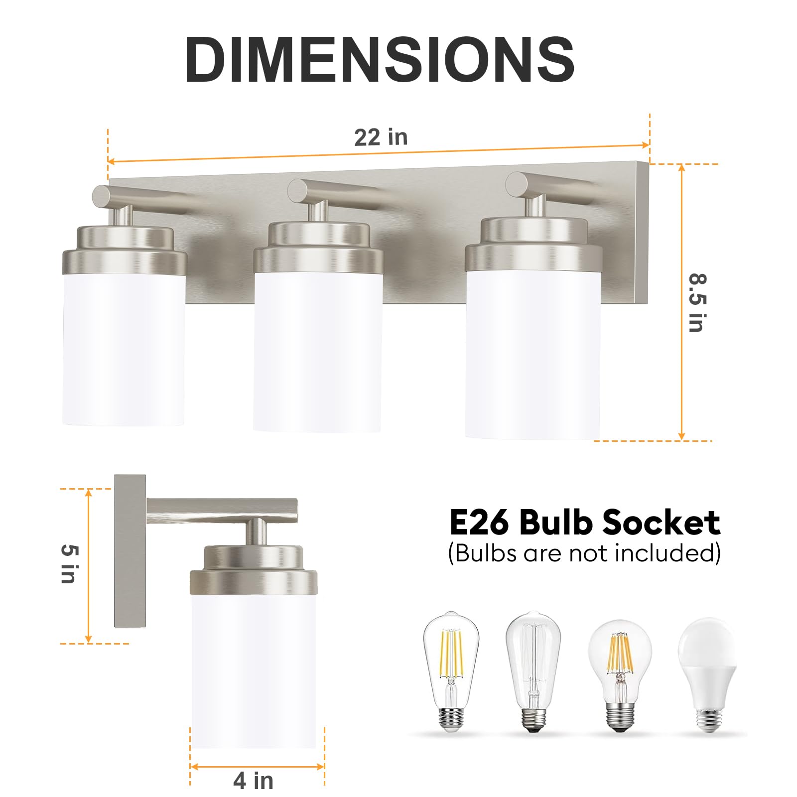 Izorro Bathroom Vanity Light Fixture  3-Light 22 Inch Brushed Nickel Bathroom Light Fixtures Over Mirror  With White Glass Shade  Modern Farmhouse Vanity Lights  Rustic Restroom Lighting Fixtures
