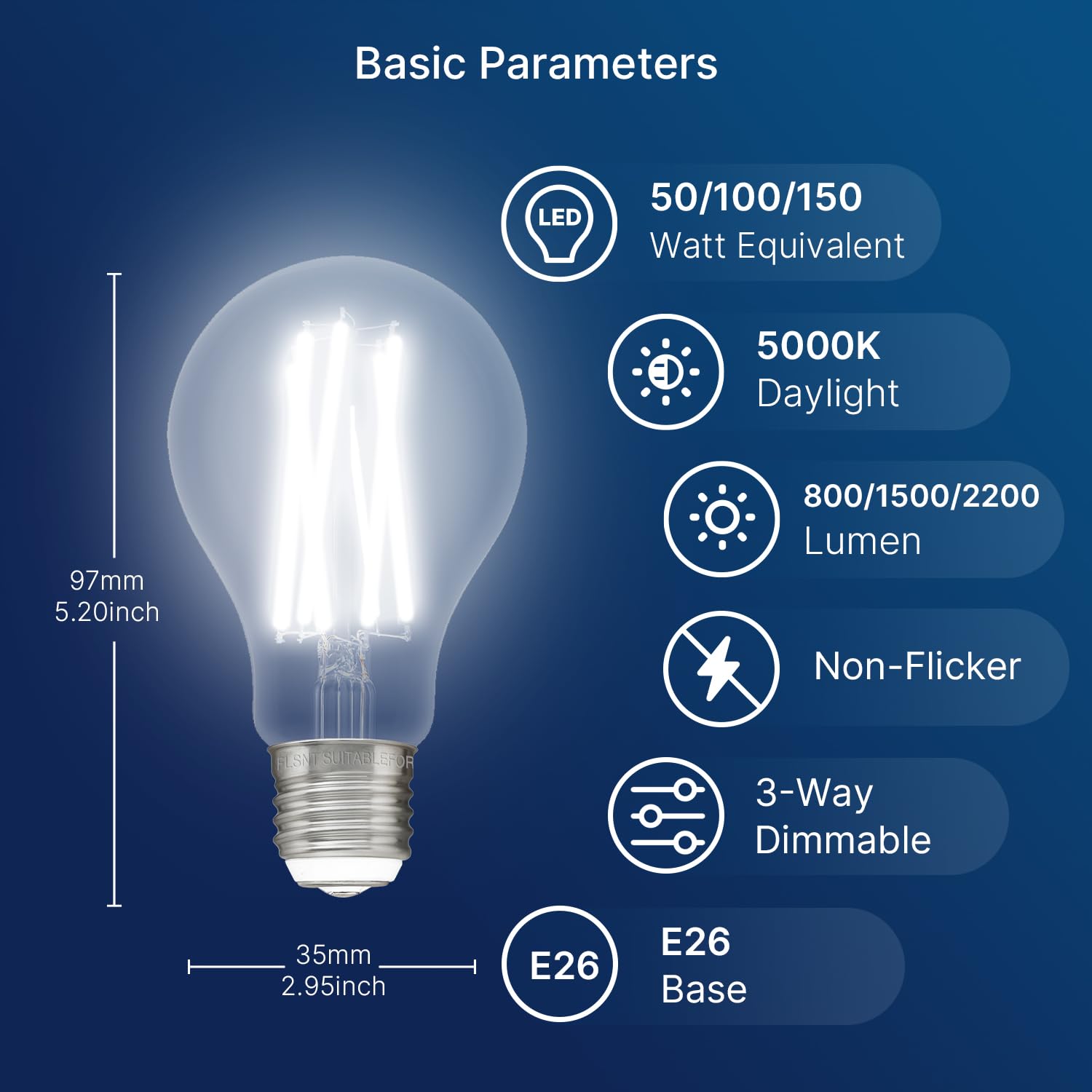 Flsnt 3 Way Led Light Bulb E26 Standard Base, 50W 100W 150W Equivalent, 3-Way Dimmable A23 Led Clear Light Bulbs, 5000K Daylight
