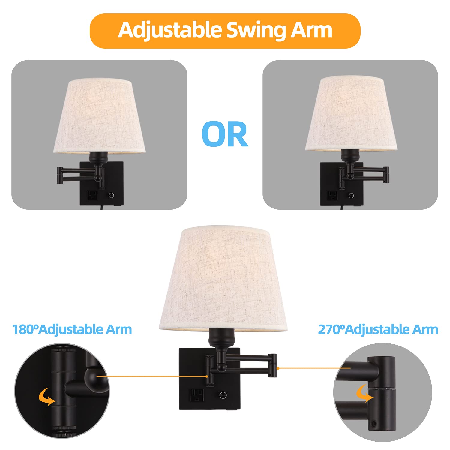 Affsure Bedside Wall Mount Light, Dimmable, USB Port, Black Fabric Shade, Model 619191209705