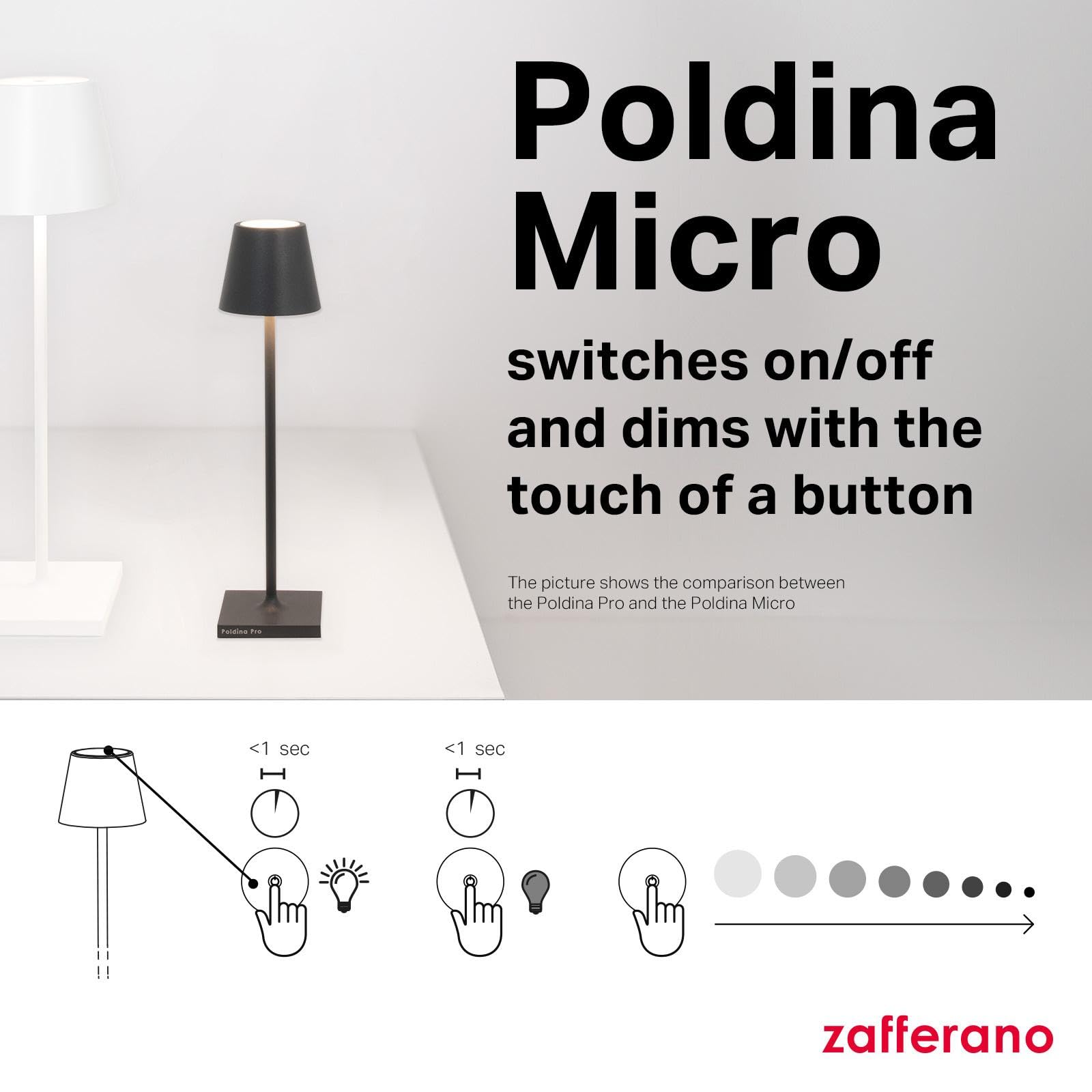 Zafferano, Poldina Micro Lamp With Glossy Gold Finish, Rechargeable Cordless Table Lamp With Touch Controls, Usable As An Indoor