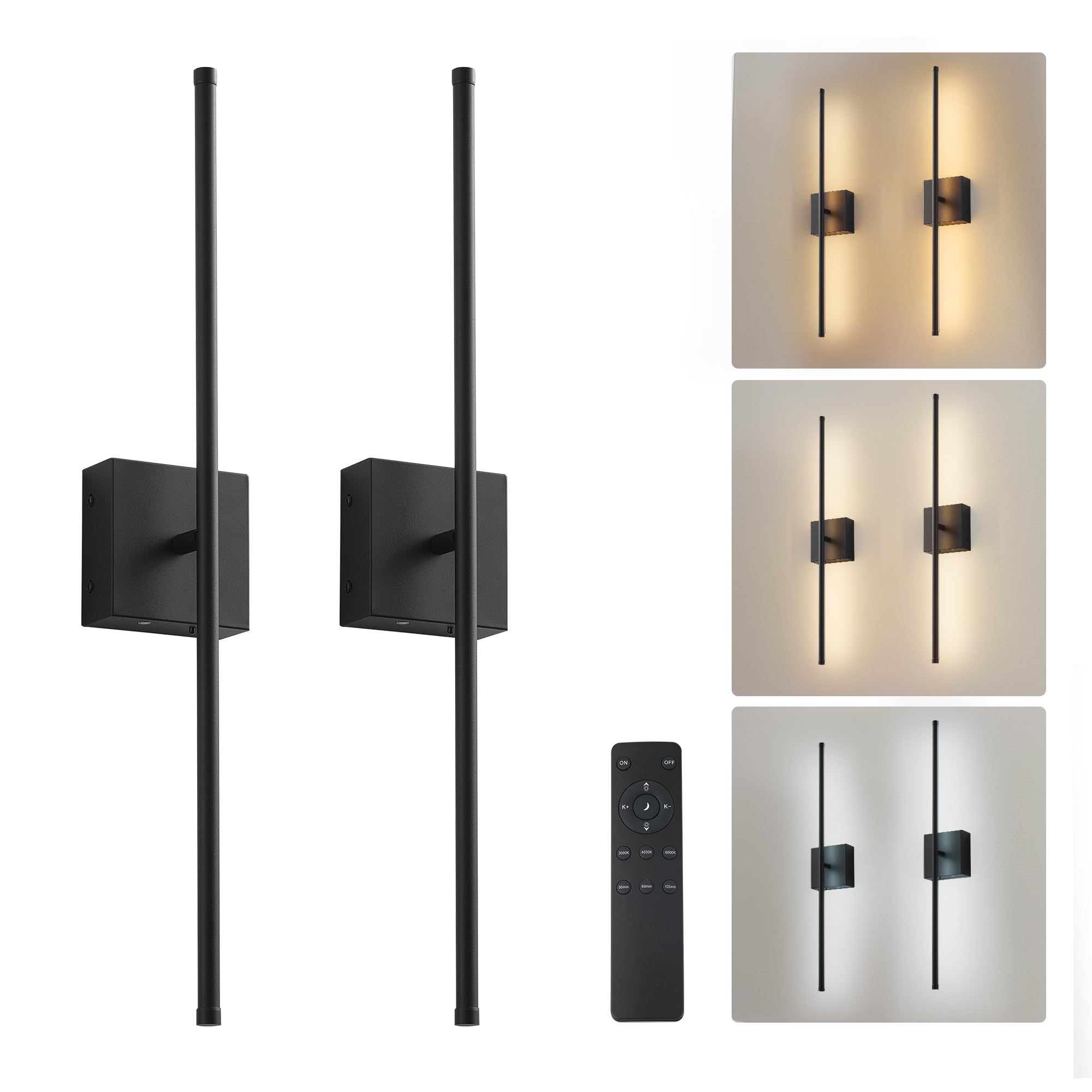 KARTOOSH Wall Sconces, Removable Battery Operated, Remote Control, Dimming, 24.4 Inch, Black, Model ZM321BBL60 (2 Pack)