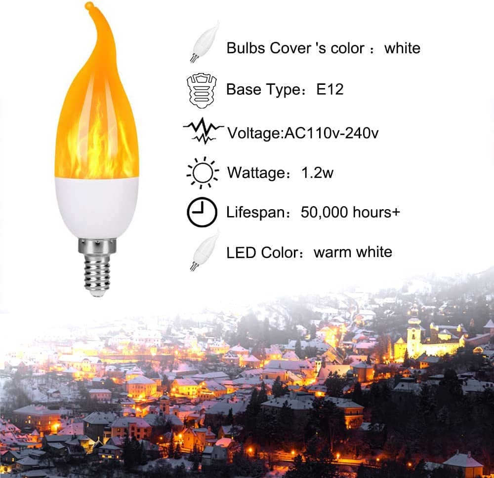 Ladiwanka E12 LED Candelabra Flame Light Bulbs for Outdoor Use, 3 Mode 1.2 Watt 1800K Warm White Orange Led Flame Bulb, Hallowee