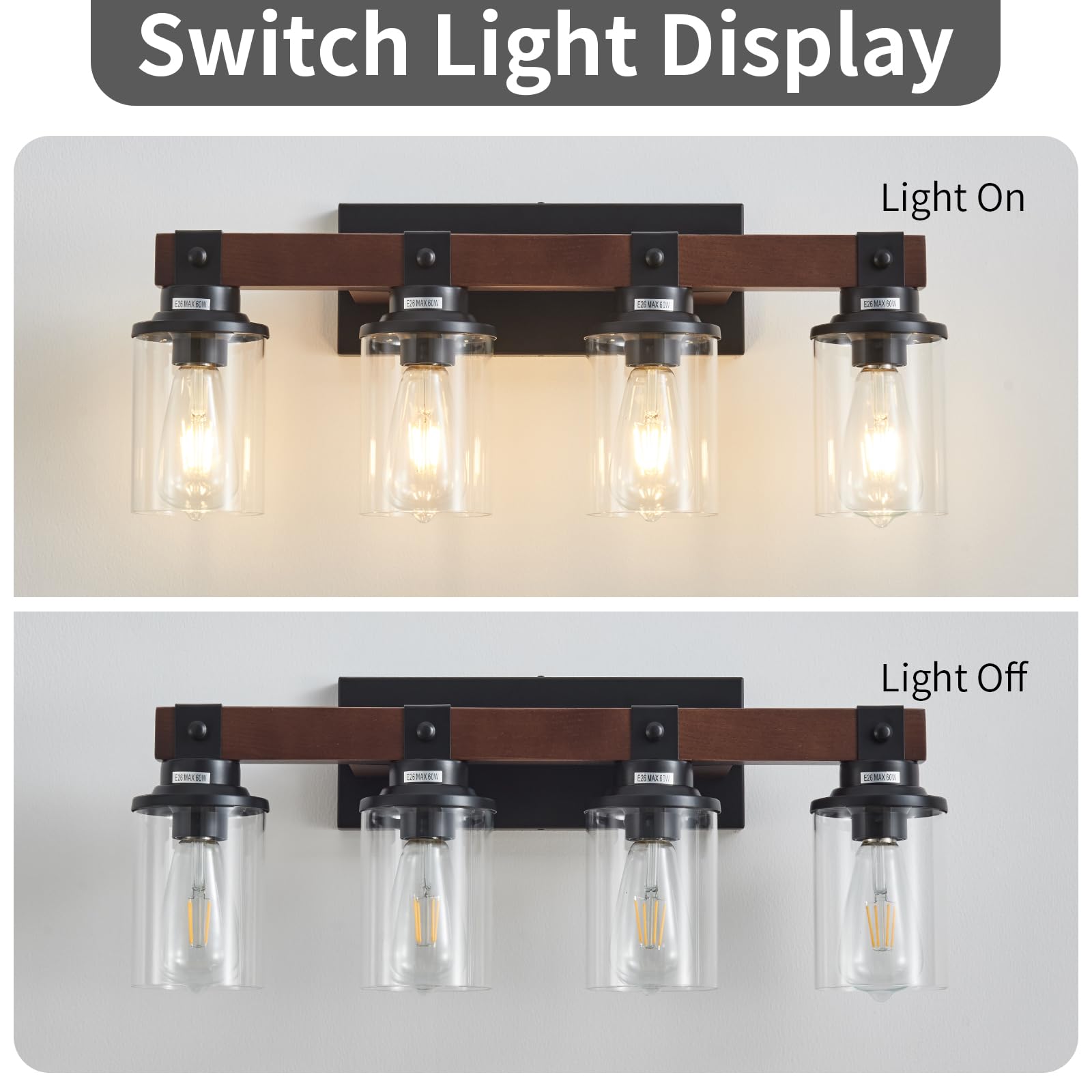 Aixialin 4 Lights Wood Farmhouse Vanity Lights Fxtures Rustic Bathroom Lights Over Mirror With Clear Glass Shade Black Industria