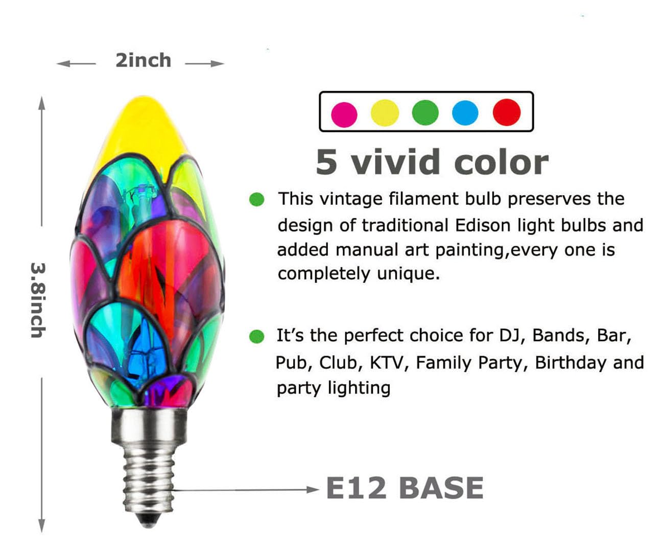 Greeogin Dimmable Stained Glass Led Edison Bulb, Led Color Bulb,C35 E12 Base 4 Watts Led Light Bulbs 40W Halogen Bulb Replacemen