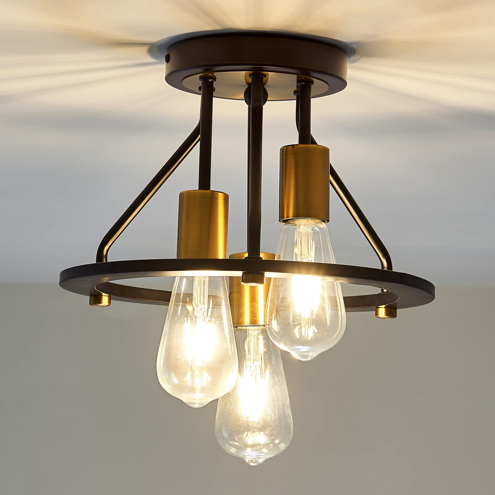 Qgiytp Industrial Semi Flush Mount Ceiling Light Fixture 3-Light Matte Black And Gold Chandelier E26 Farmhouse Ceiling Lamp For Entryway Hallway Bedroom Passway Balcony