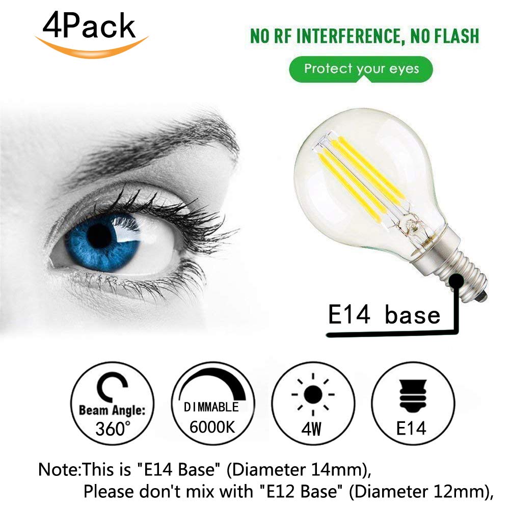 CTKcom G45 4W Dimmable LED Bulbs - E14 Base, 40W Equivalent, 6000K Daylight White, Glass, 4 Pack, Warm White