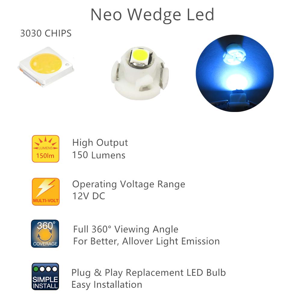 WLJH LED Car Instrument Cluster Bulb, T3 Neo Wedge, Ice Blue, Model WLJH0999, Replacement for Dashboard Gauge, HVAC Controls