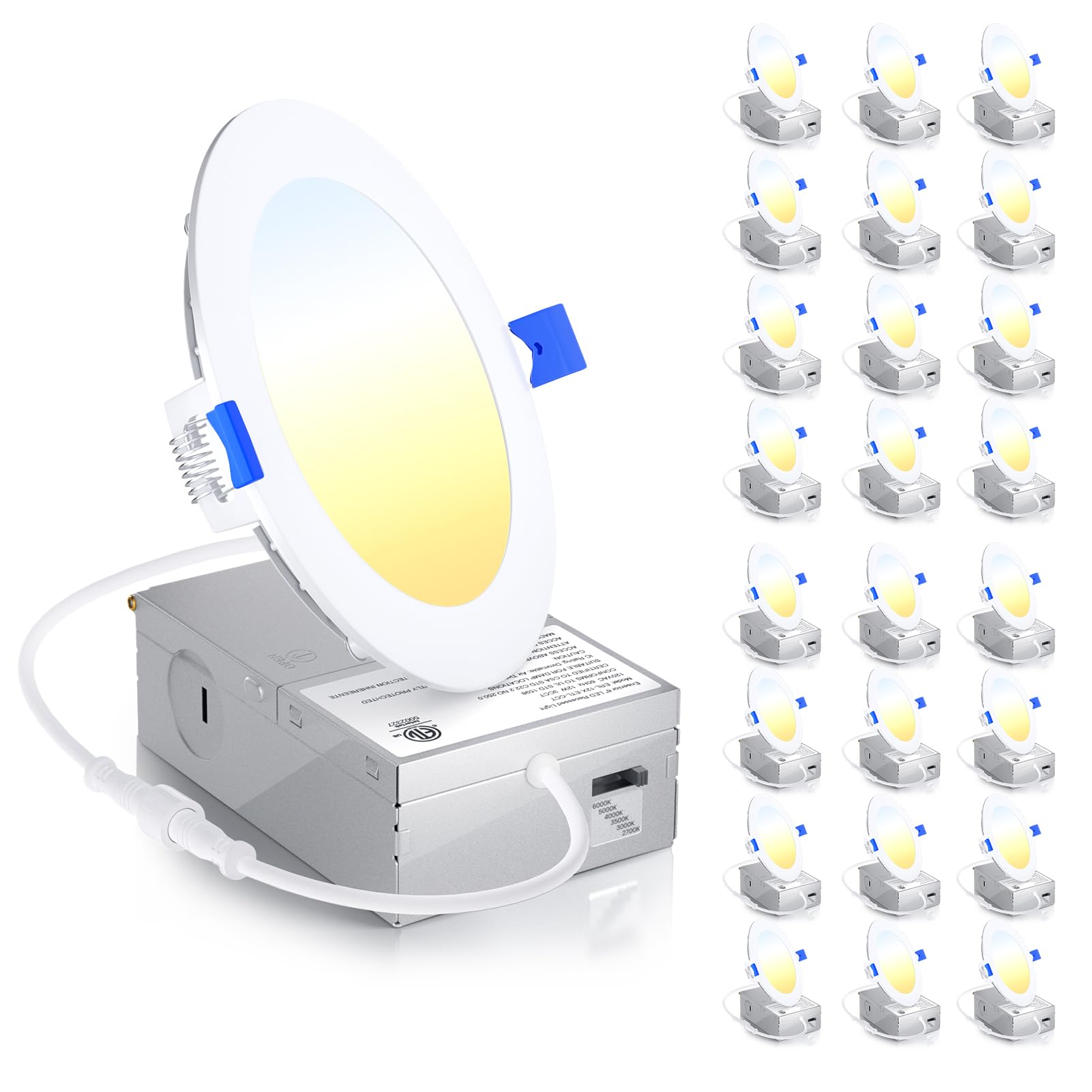 Ensenior 24 Pack 4 Inch LED Recessed Ceiling Light, Dimmable, 2700K-6000K 6CCT, 750LM 9W 120V, High Brightness Canless Wafer Dow