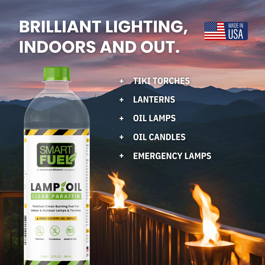 SMART FUEL ETHANOL Paraffin Oil Lamp Fuel - Clear, 32 oz - Smokeless, Odorless, Ideal for Tiki Torches and Lanterns