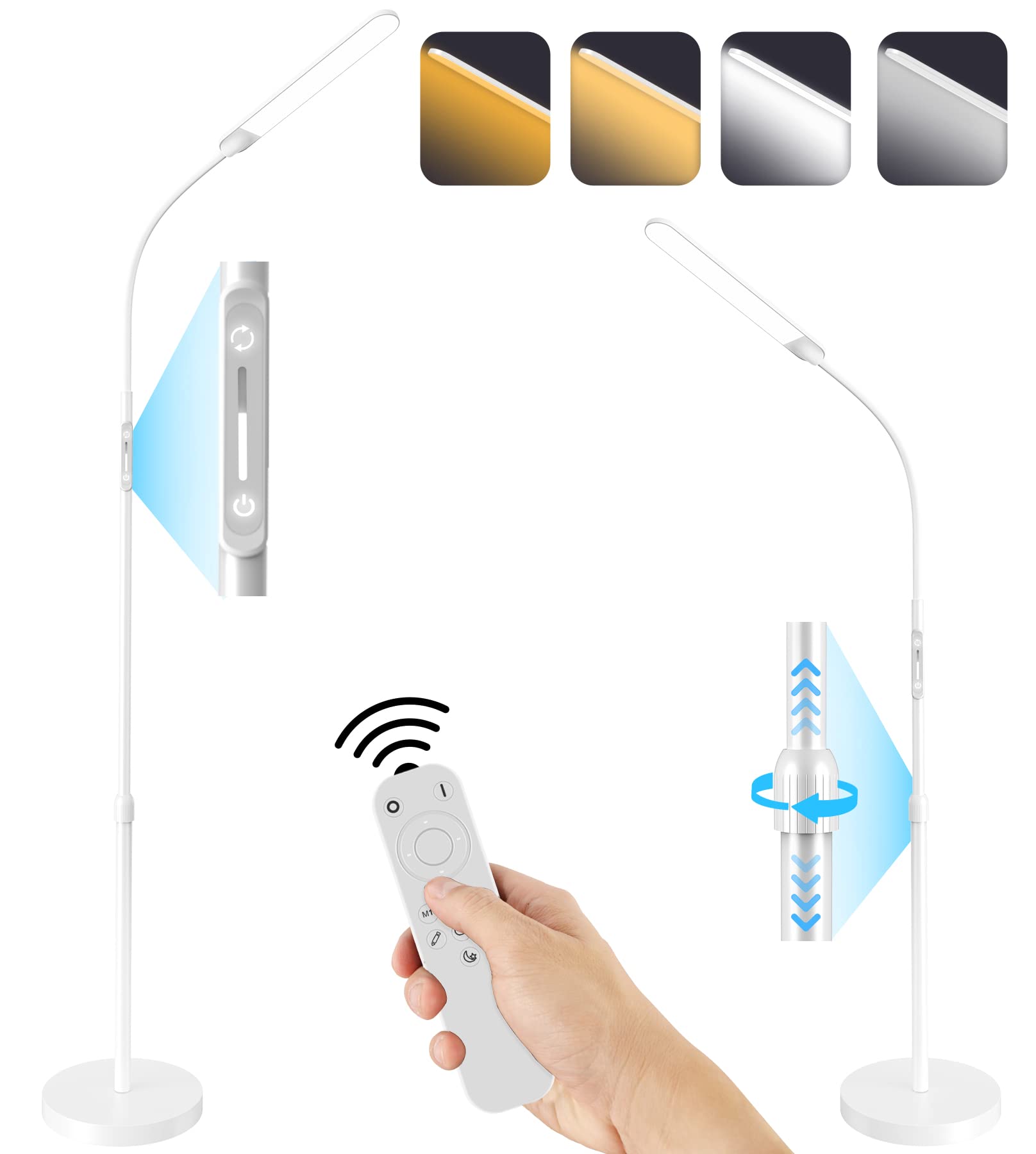 NXONE Led Floor Lamp, Modern Reading Light, Adjustable Height 74in, Metal, White, Stepless Brightness, 4 Color Options