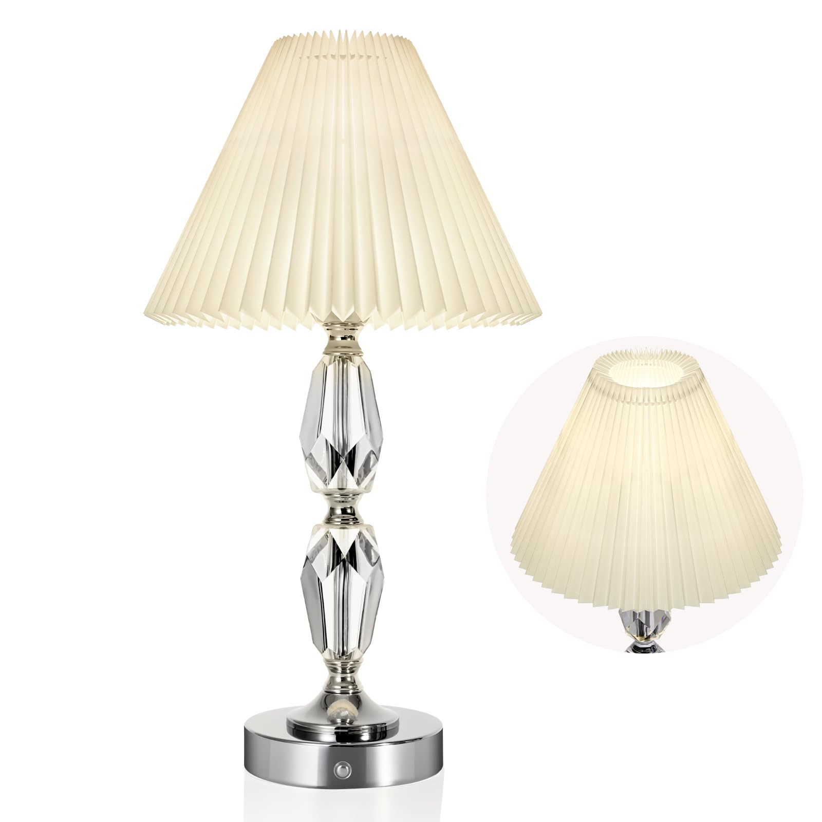 Rechargeable Table Lamp With Touch Dimmer,Acrylic Cordless Lamp With 4400Mah Battery Operated,3-Level Brightness,Pleated Linen F