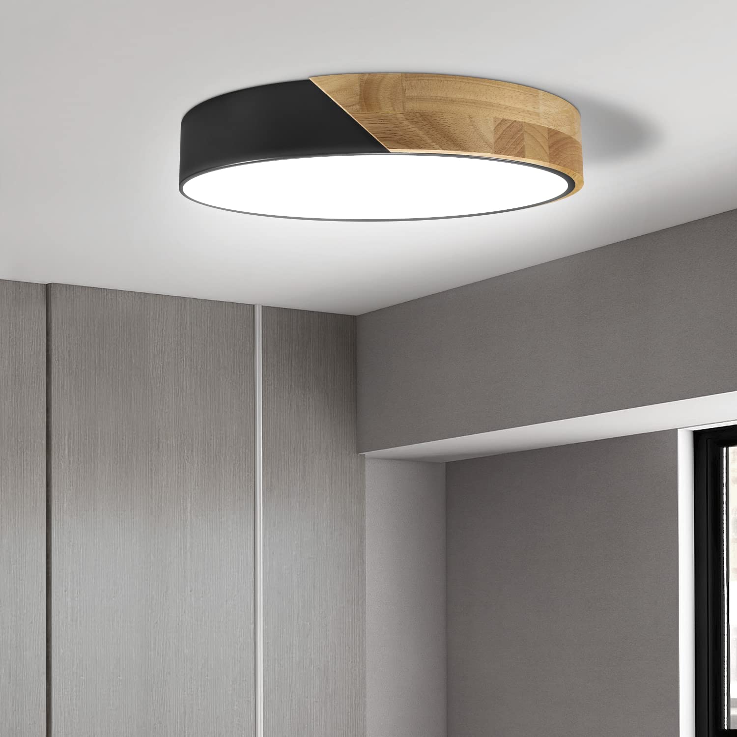 Led Ceiling Light Flush Mount: 12 Inch 24W Bedroom Light Fixture with Round Wood Modern Black Flat Overhead Minimalist Ceiling L