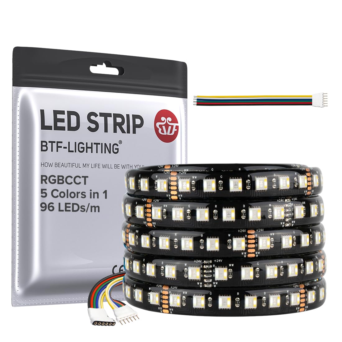 BTF-LIGHTING LED Tape Lights RGBWW Dimmable 16.4ft 5050SMD 480LED IP65 Black PCB DC24V