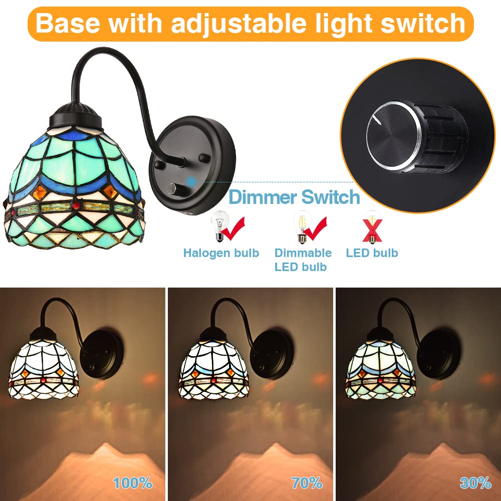 Dengmall Tiffany Wavy Blue Wall Lamp, Dimmable Gooseneck Sconce For Bedroom & Living Room