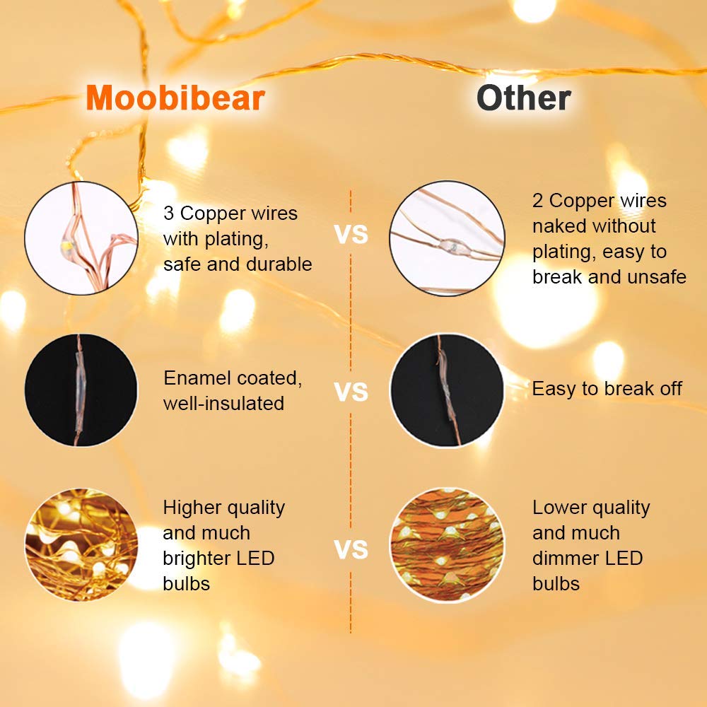 Moobibear LED String Lights, 99ft 300 LEDs, Dimmable Copper Fairy Lights with Remote, Warm White for Outdoor Garden Party Decor