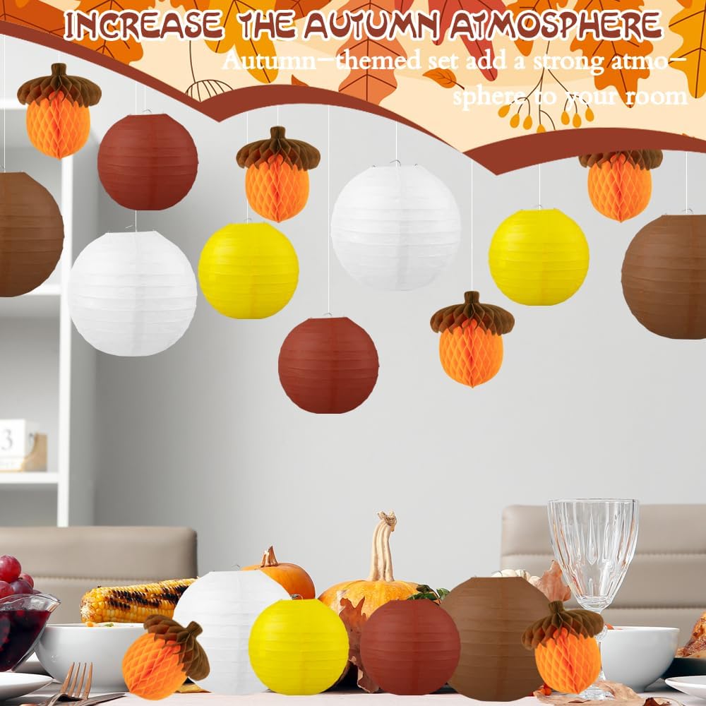 12 Pieces Fall Paper Lanterns Thanksgiving Decorations Yellow Orange And Brown Pine Nut Honeycomb Paper Lanterns For Autumn Decorative Round Hanging Party Decorations Harvest Theme Party Supplies
