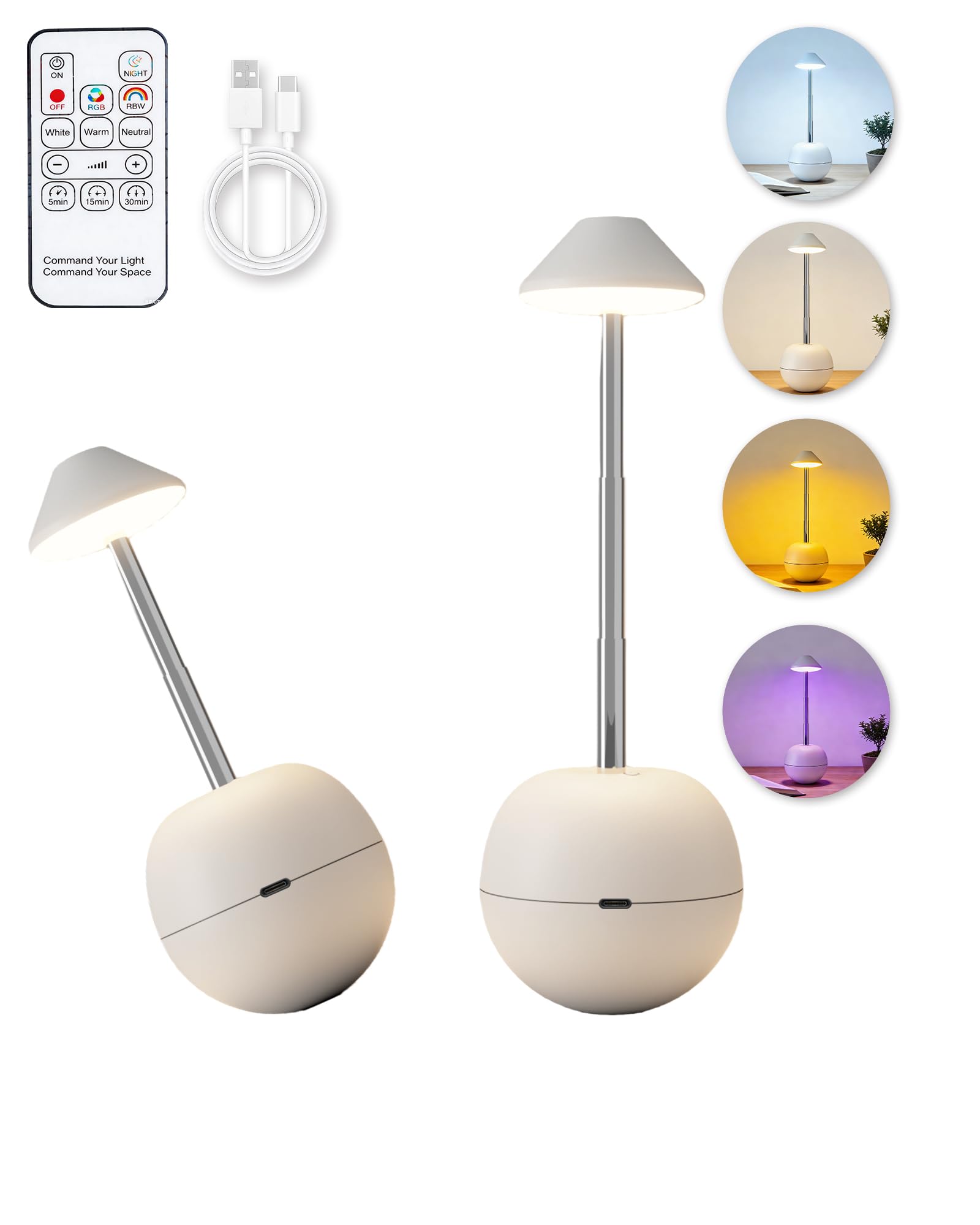 2 Pack Cordless Table Lamps Set, Tumbler Touch Bedside Lamps with Remote Control, 2600mAh USB Rechargeable Nightstand Lamp, Dimm