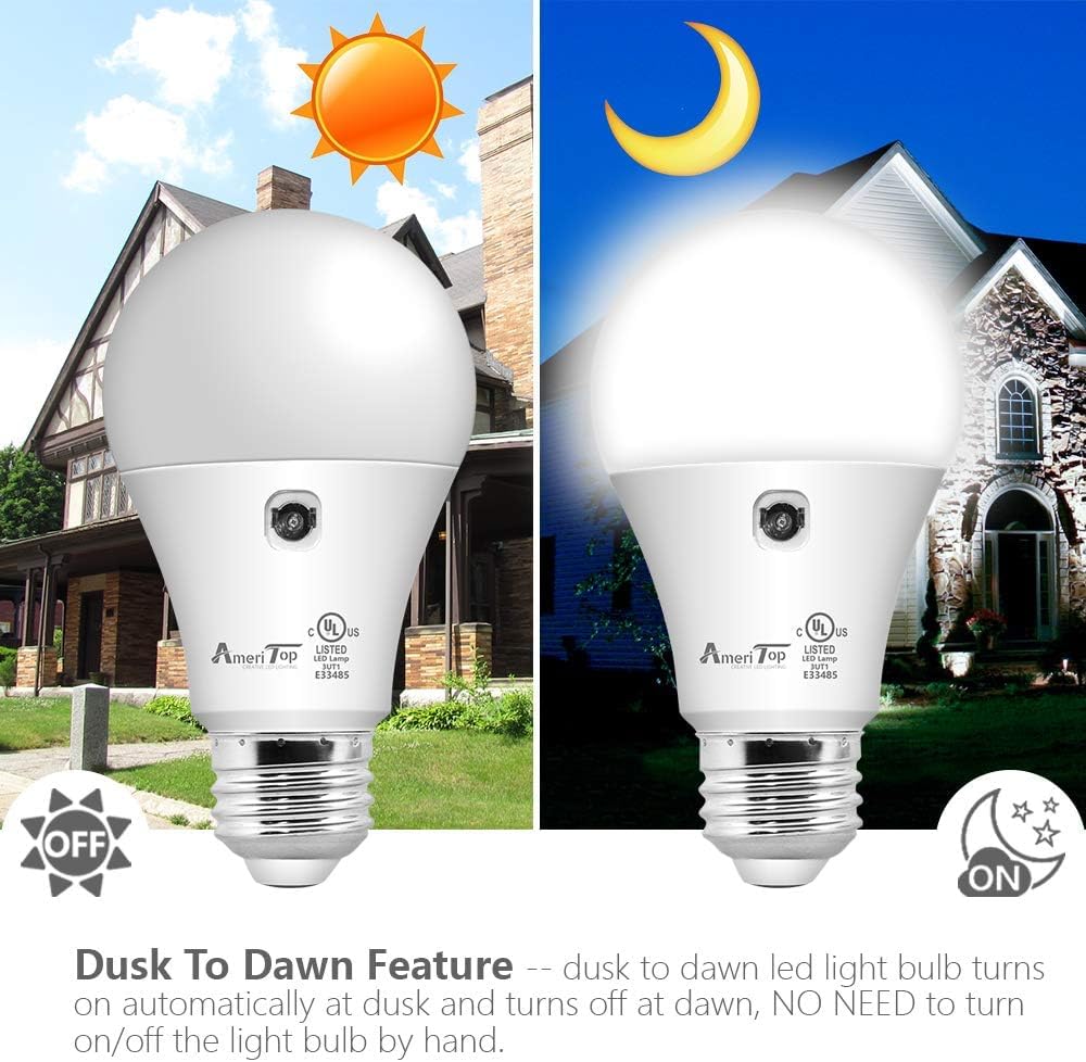 Ameritop Dusk To Dawn Light Bulb- 4 Pack, A19 Led Sensor Light Bulbs; Ul Listed, Automatic On/Off, 800 Lumen, 10W(60 Watt Equivalent), E26 Base, Indoor/Outdoor Lighting Bulb (5000K Daylight)