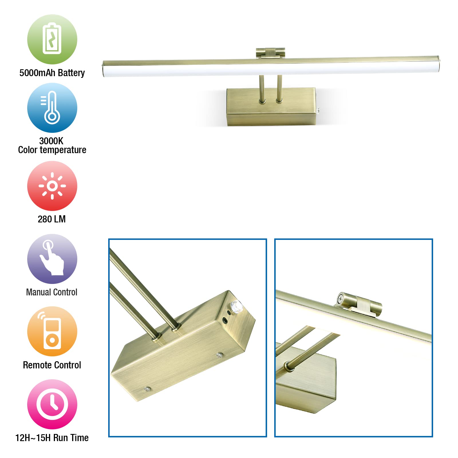 Howmzon 16 Battery Operated Picture Light - Metal Art Light In Antique Brass, Remote Control, Rechargeable, Model Hw202201Ab