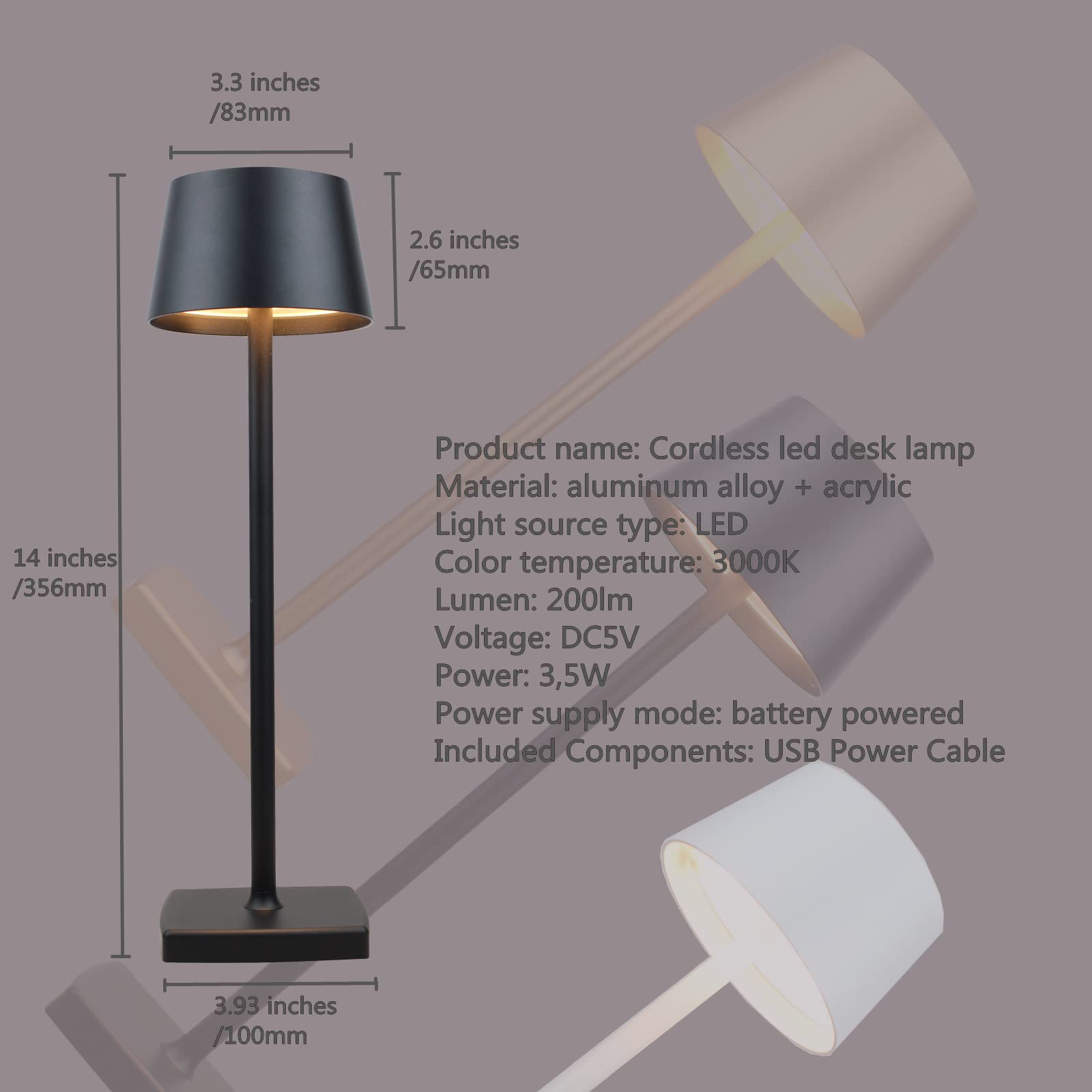 amhshkou Rechargeable LED Cordless Desk Lamp, Dimmable Aluminum, Indoor/Outdoor, Black