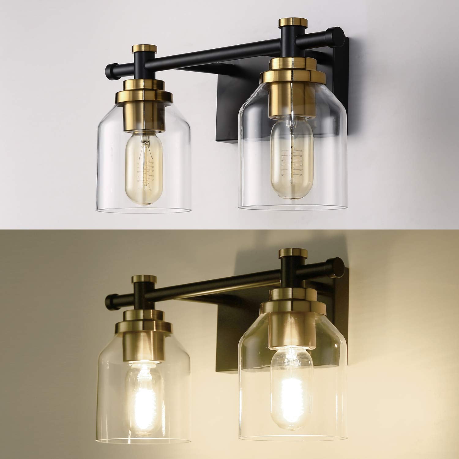 SOLFART Vintage Wall Lighting Sconce 2 Lights Black Brass Glass Shade Model 7900-2