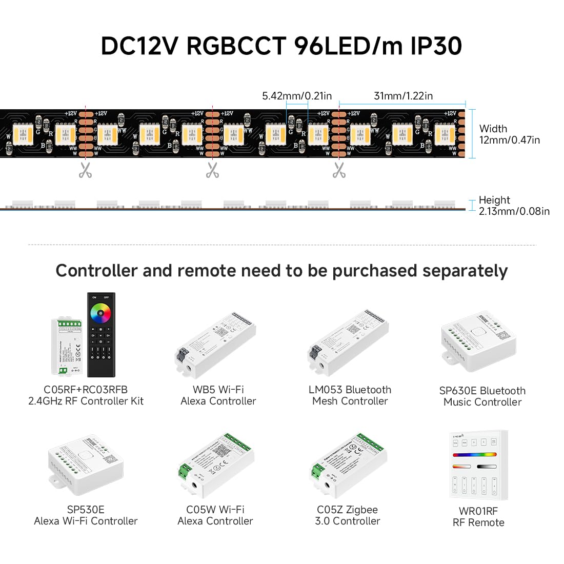 BTF-LIGHTING RGBCCT LED Tape Lights 5050SMD 16.4ft 96LED/m Black PCB DC12V