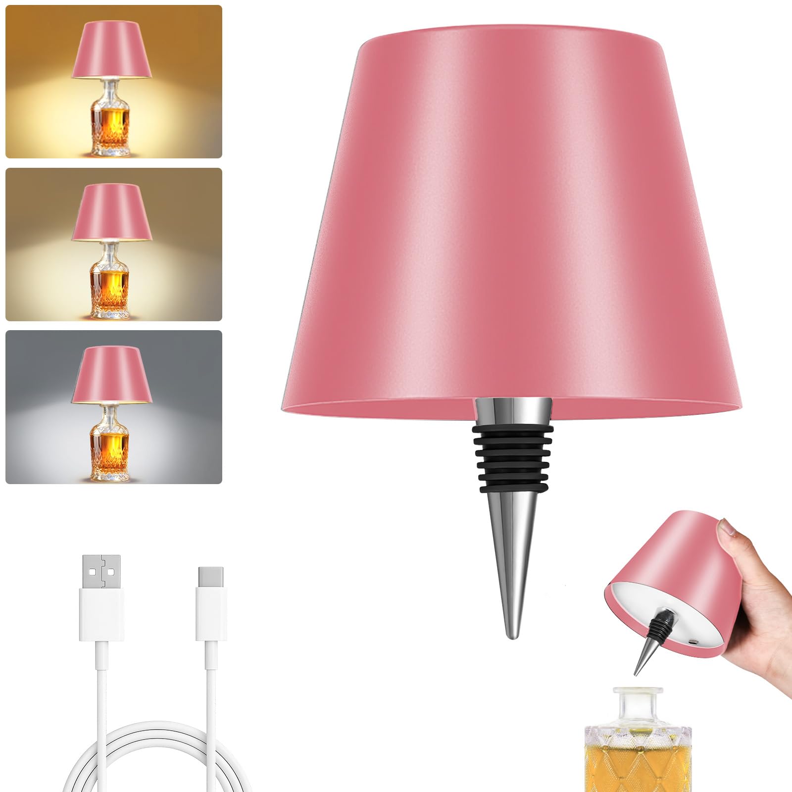 Fintoriel Rechargeable Wireless Bottle Lamp - 3 Color Stepless Dimmable  Metallic Pink Lampshade  5H Bright Light or 48H Soft Glow Ideal for Home D?cor  Parties  Bar