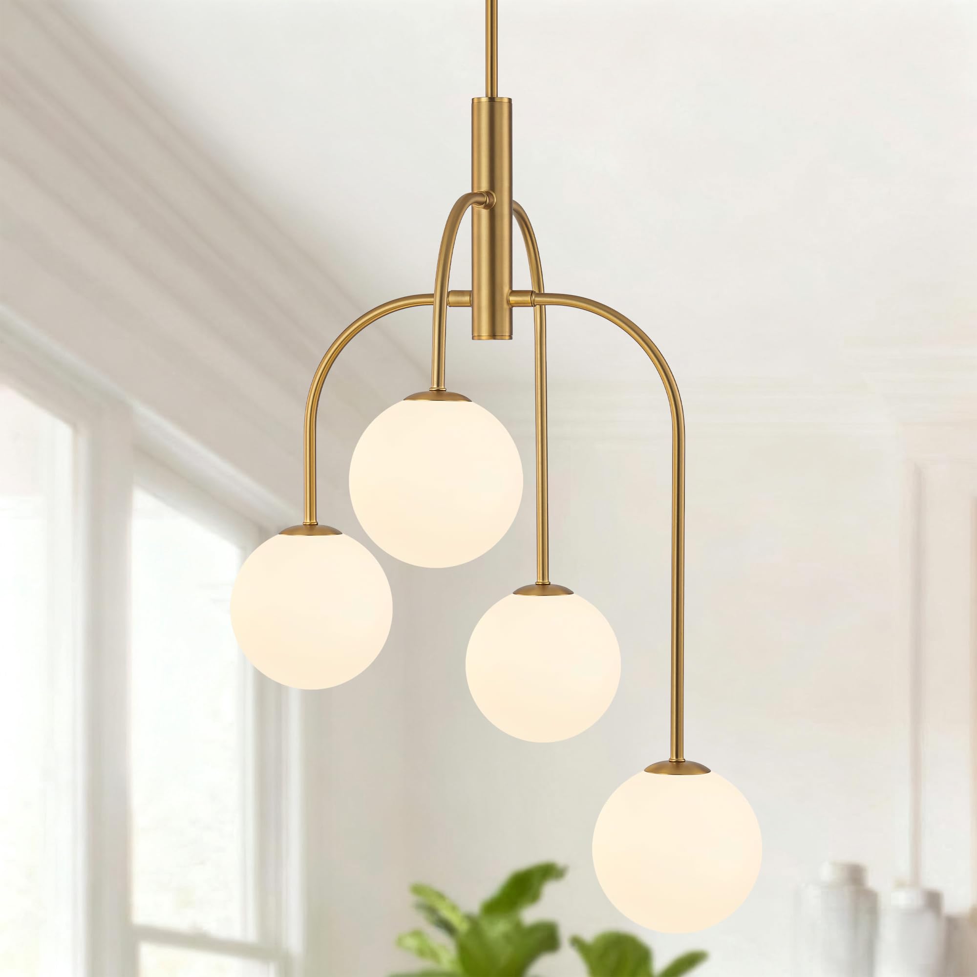 LamQee 4 Lights Mid Century Modern Chandelier  Milk Glass Globe Chandelier Light Fixture with Gold Metal & White Ball  Large Pendant Lighting Ceiling Hanging for Dining Room Kitchen Island Entryway