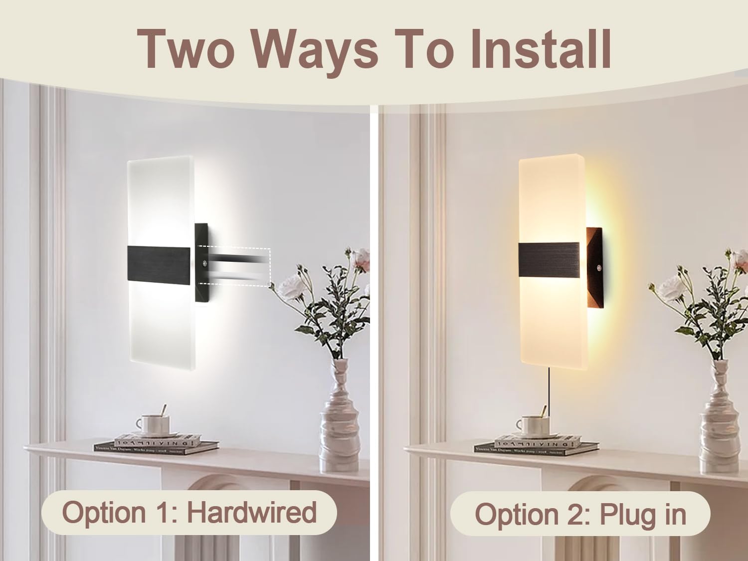 LARICH Plug in Wall Sconce - 12W LED Acrylic Light, 3000K-6500K Dimmable, Black, 1Pack, Model WS-2P-SL