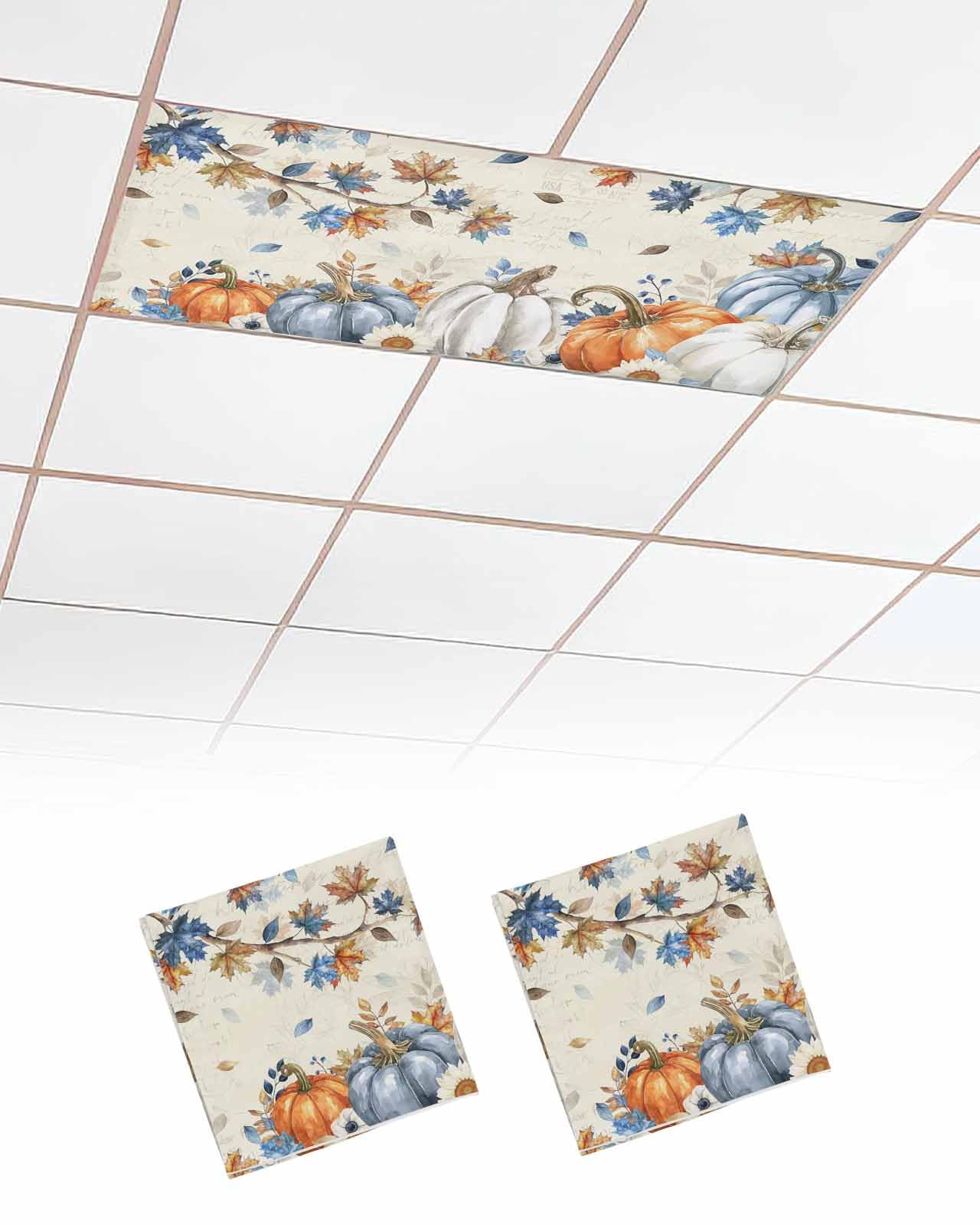 Fall Fluorescent Light Covers For Ceiling Lights Autumn Maple Leaves Magnetic Light Filters 2 Pack 4X2 Ft Floral Orange Blue Pumpkin Thanksgiving Ceiling Lights Cover For Classroom Office Drop Lamp
