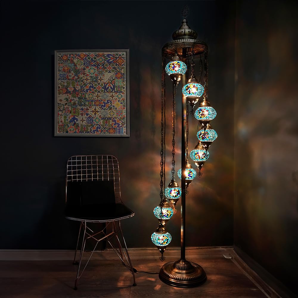 Asylove Turkish Lamp 9 Globe Mosaic Floor Lamp, Mosaic Standing Lamp 9 Globe Mosaic Moroccan Lamps Floor Lamp For Decorative Home Designs Offer 5 Inch Globe - Total Height 70 Inch (Turquoise)