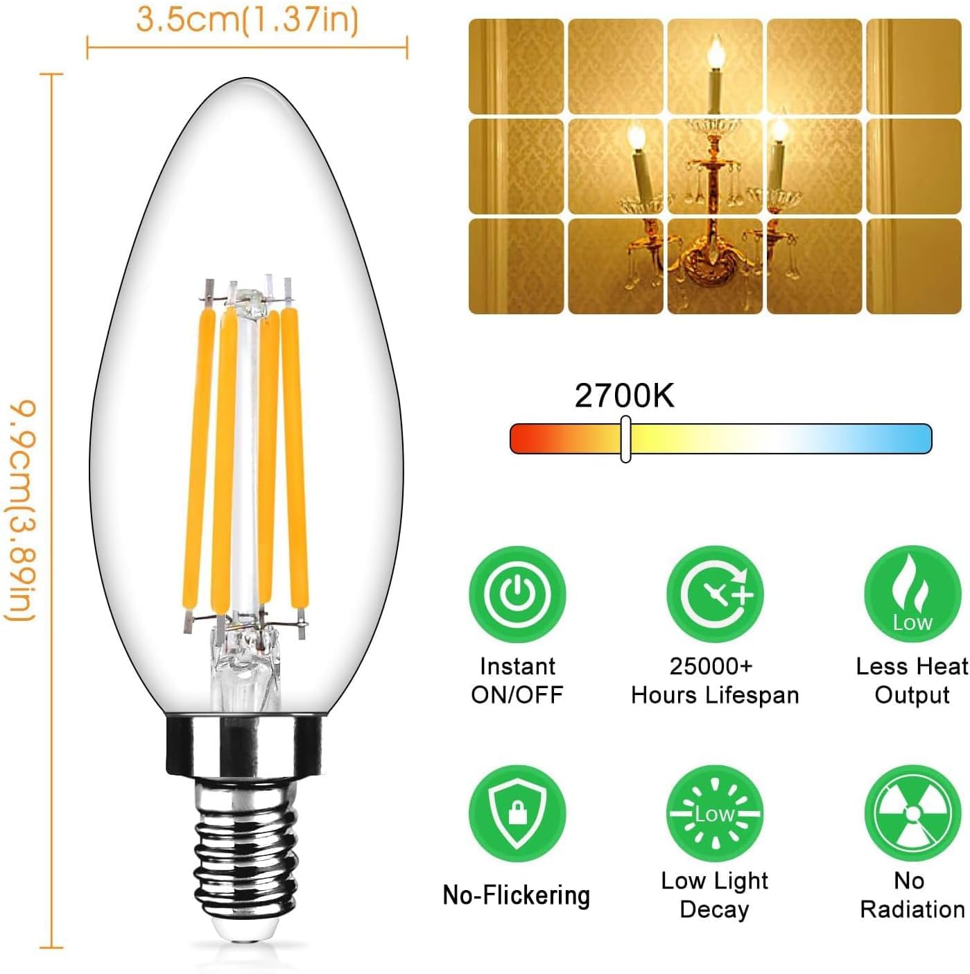 6-Pack Dimmable E12 Led Candelabra Bulbs 40Watt Equivalent, 2700K Warm White, 450Lumens, 4W B11 Vintage Chandelier Light Bulbs,