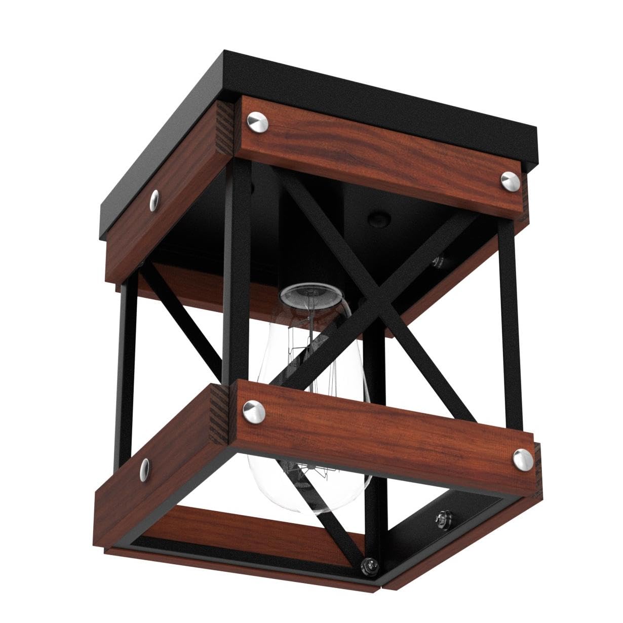 Fivess Lighting Rustic Farmhouse Flush Mount Ceiling Light 1-Light Wood and Metal, Black, Model fss6103-1