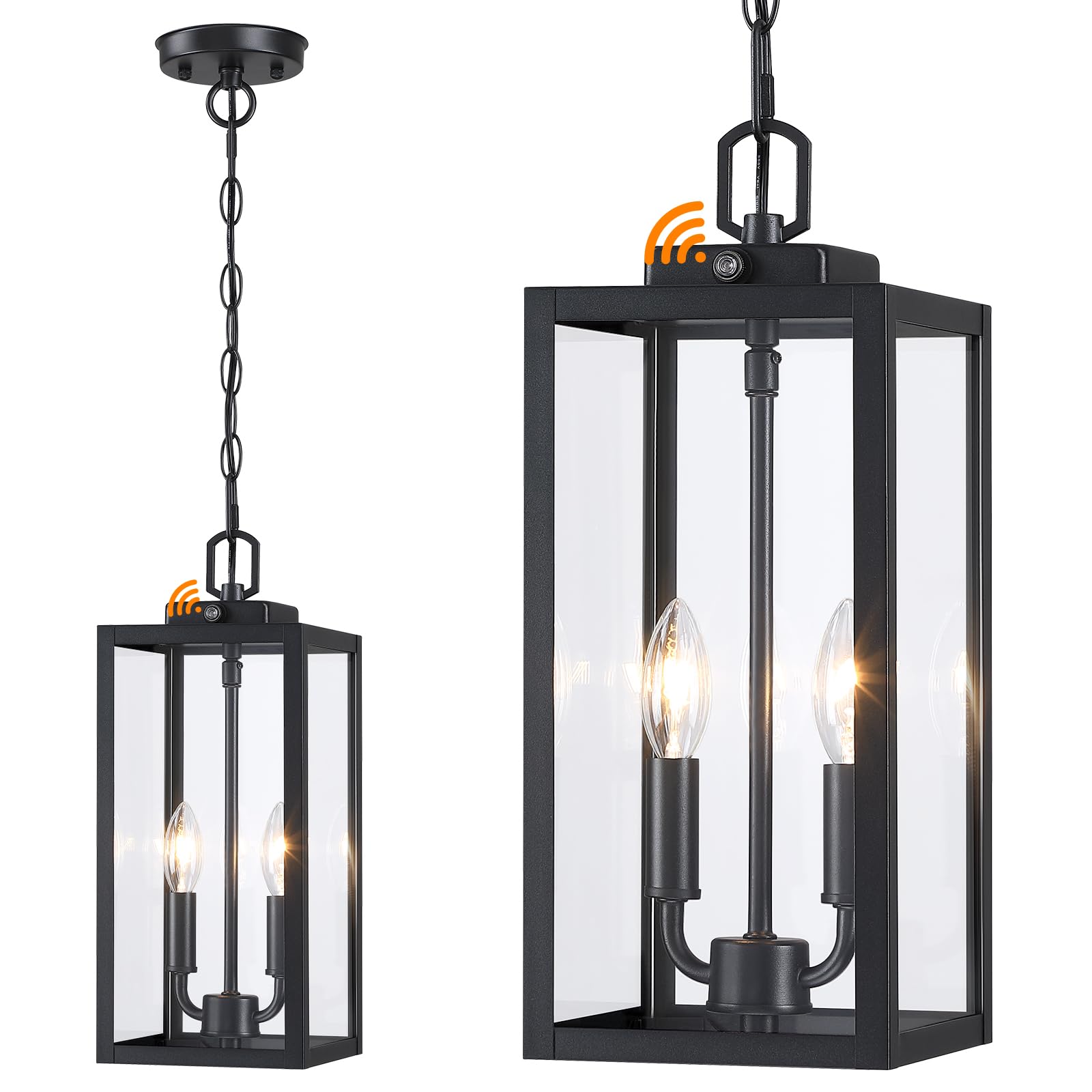 Large Outdoor Pendant Light 2-Light, 15'' Dusk to Dawn Modern Black Metal Outside Chandelier Exterior Hanging Fixture Ceiling Mo