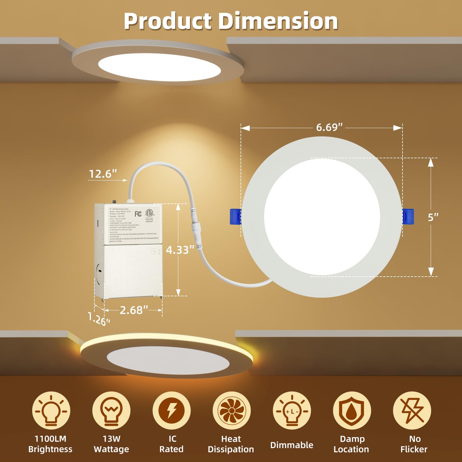 Honzin 12 Pack 6 Inch Recessed Lighting, Ultra Thin 5Cct Led Recessed Ceiling Light With Night Light, 5 Color Temperatures Dimma