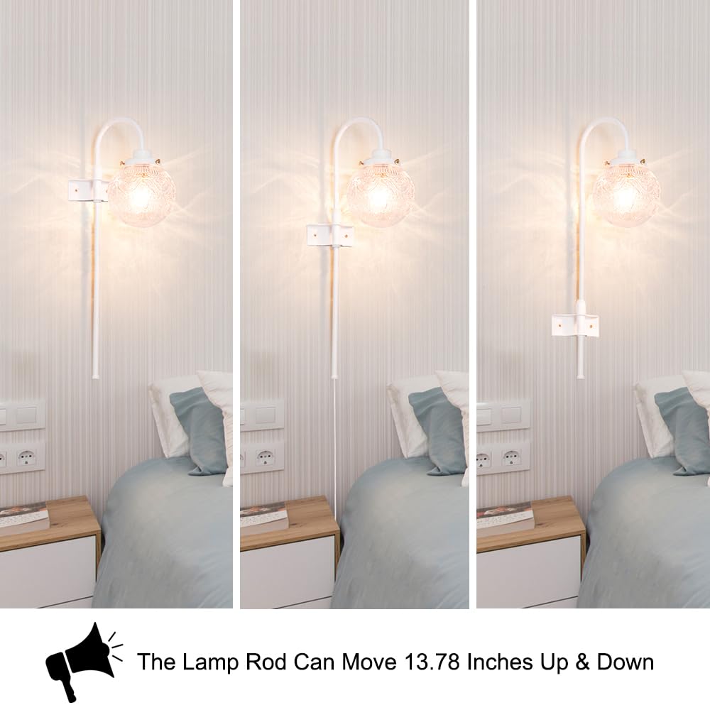 Daunton Vintage Plug in Wall Sconces Set of 2, White Metal with Globe Glass, Adjustable Bedside Light, Model 250109