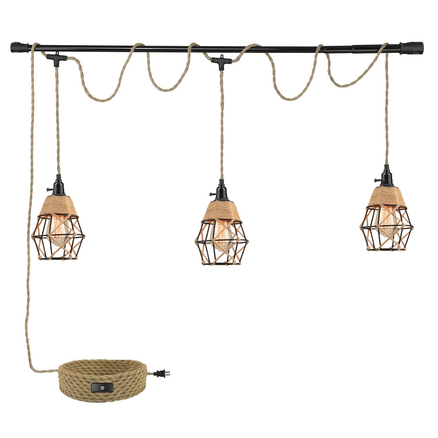 KENMI 3-Light Hanging Pendant Light, 22ft Hemp Rope, Copper, Metal, Model PSMCG, Ideal for Kitchen Island, Living Room, Bedroom