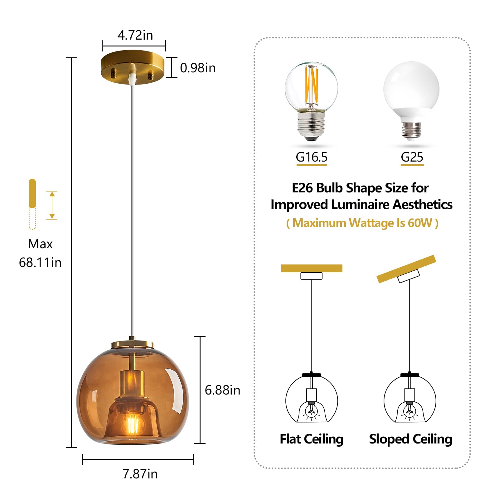 Lbsqj Brown Glass Pendant Lights Kitchen Island Gold Hanging Light Fixture Glass Globe Pendant Light Modern Pendant Lighting For Kitchen Island Bedroom Dining Room (7.87  1 Pack)