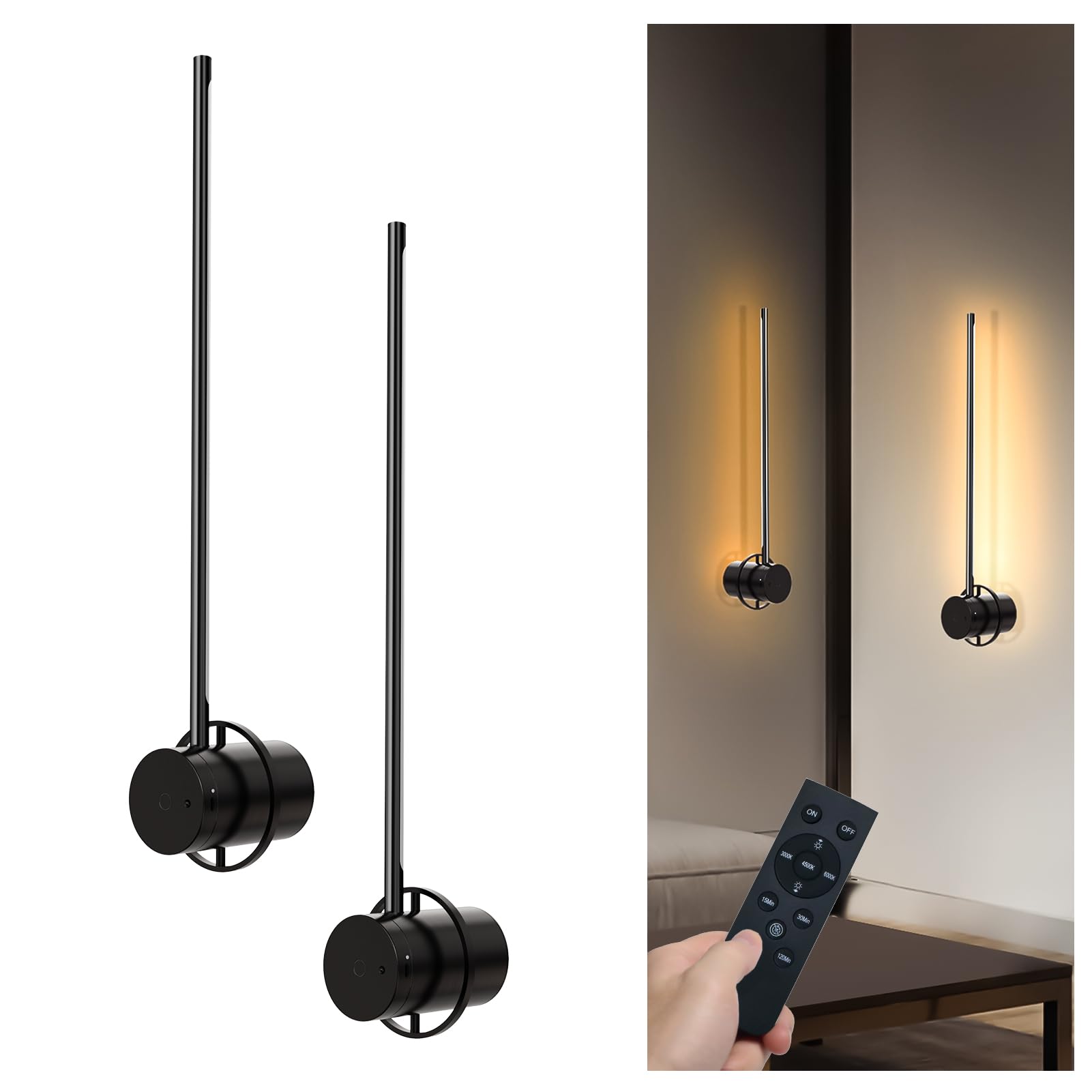 Swatia Wireless Wall Sconces Set Of Two, 23.6'' Rechargeable Art Display Light, 3 Color Temperature Dimmable With 350? Rotation