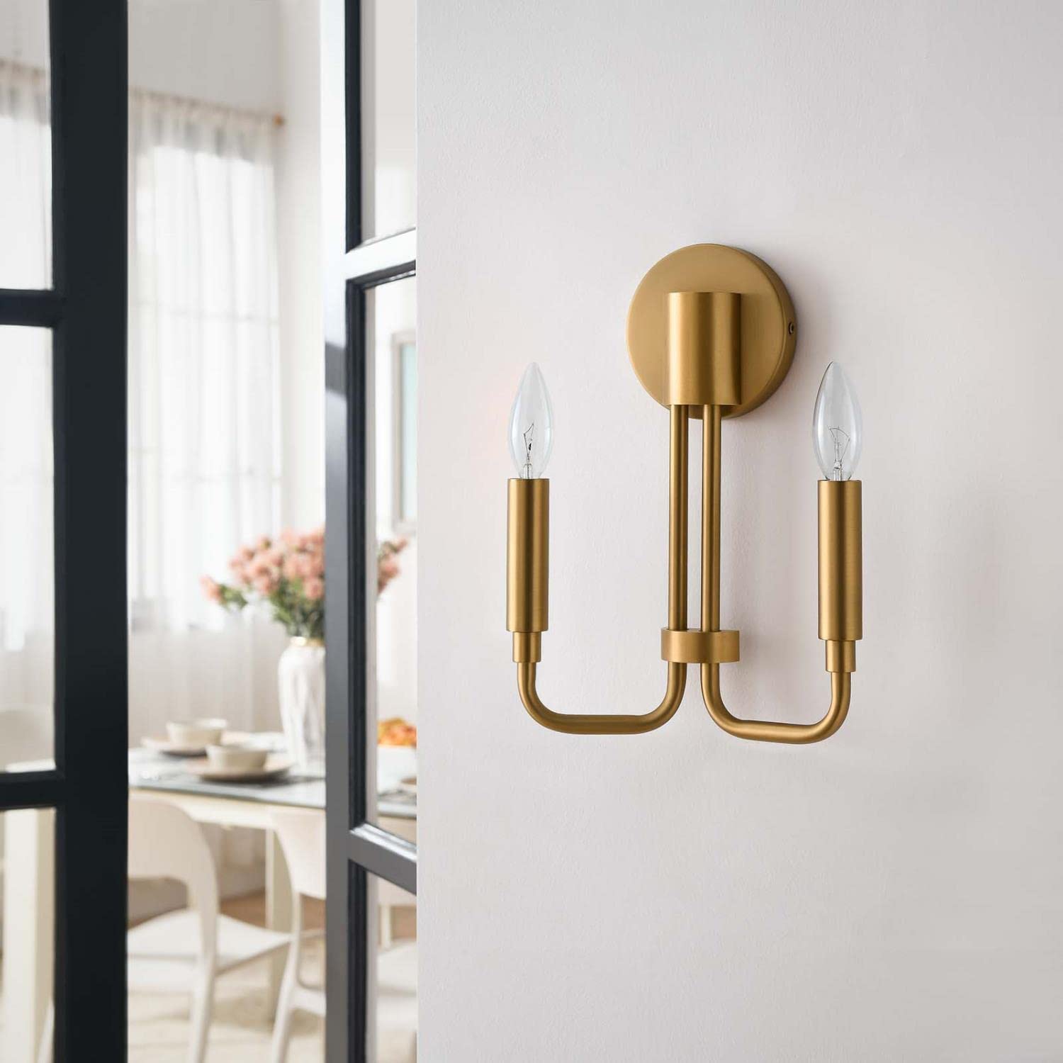 Modway Rekindle 2-Light Wall Sconce In Satin Brass, Brown, 3.5 X 9 X 12.5
